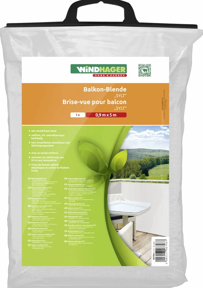 Windhager Sylt Brise-Vue Tissu pour Balcon, 0,9 x 5 m, Blanc uni