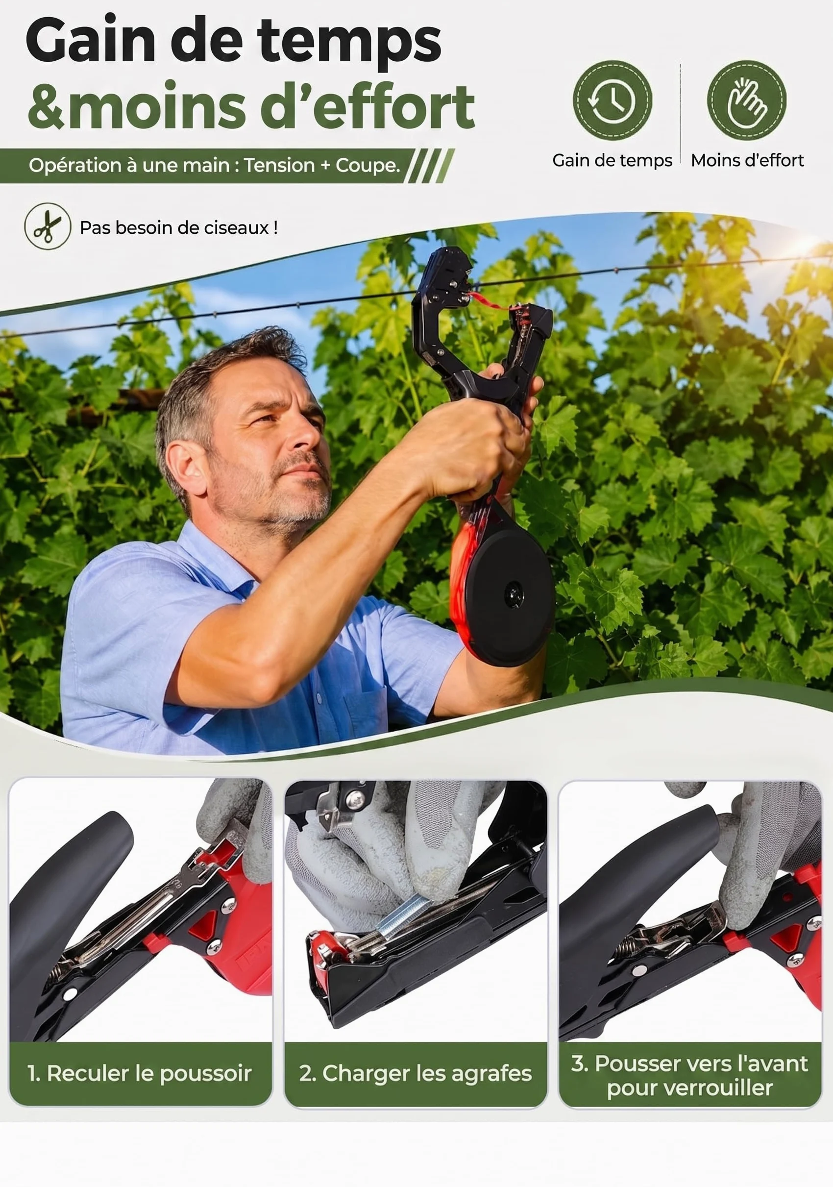 Lieuse professionnelle pour plantes avec 10 rouleaux de ruban de 60 m, 500 g | Revêtement noir anti-corrosion, structure équilibrée anti-fatigue pour vignes et tomates.