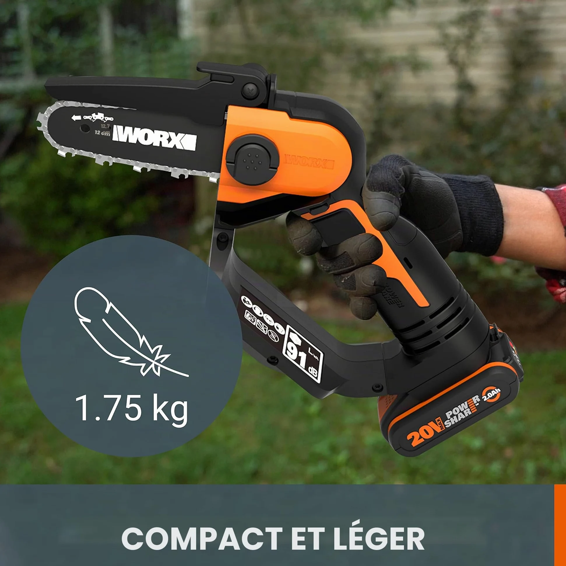 WORX Tronçonneuse Sans Fil WG324E.1 20V Max guide 5"/12cm avec Perche 125cm | Réglage Sans Outil Mini-tronçonneuse/Élagueuse,Perche Télescopique,PowerShare 2.0Ah Batterie et Chargeur Inclus pour Élagage
