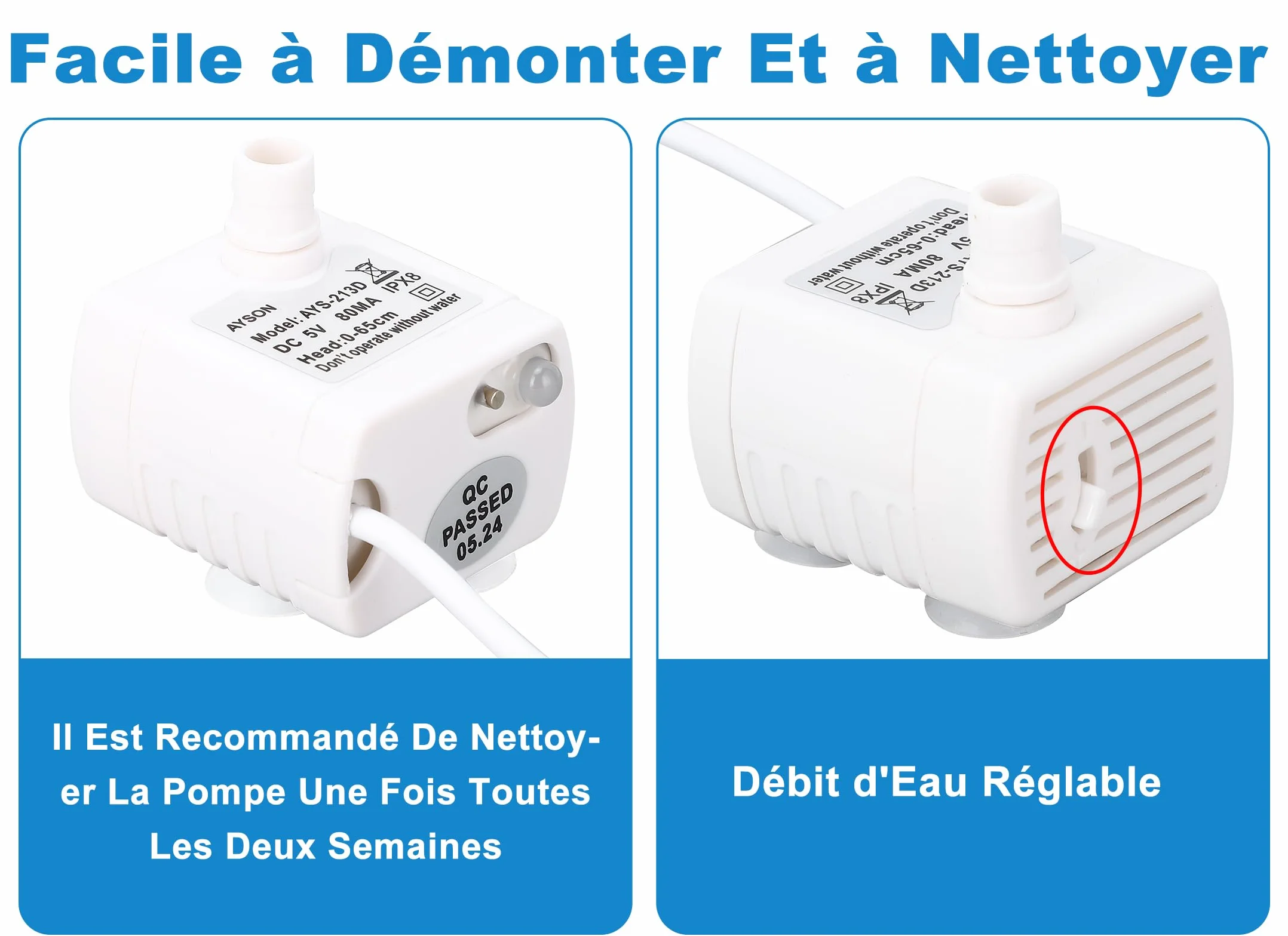 Fontaine pour Animaux USB Super Silencieuse Débit d'Eau Réglable Pompe de Fontaine Chat Chien
