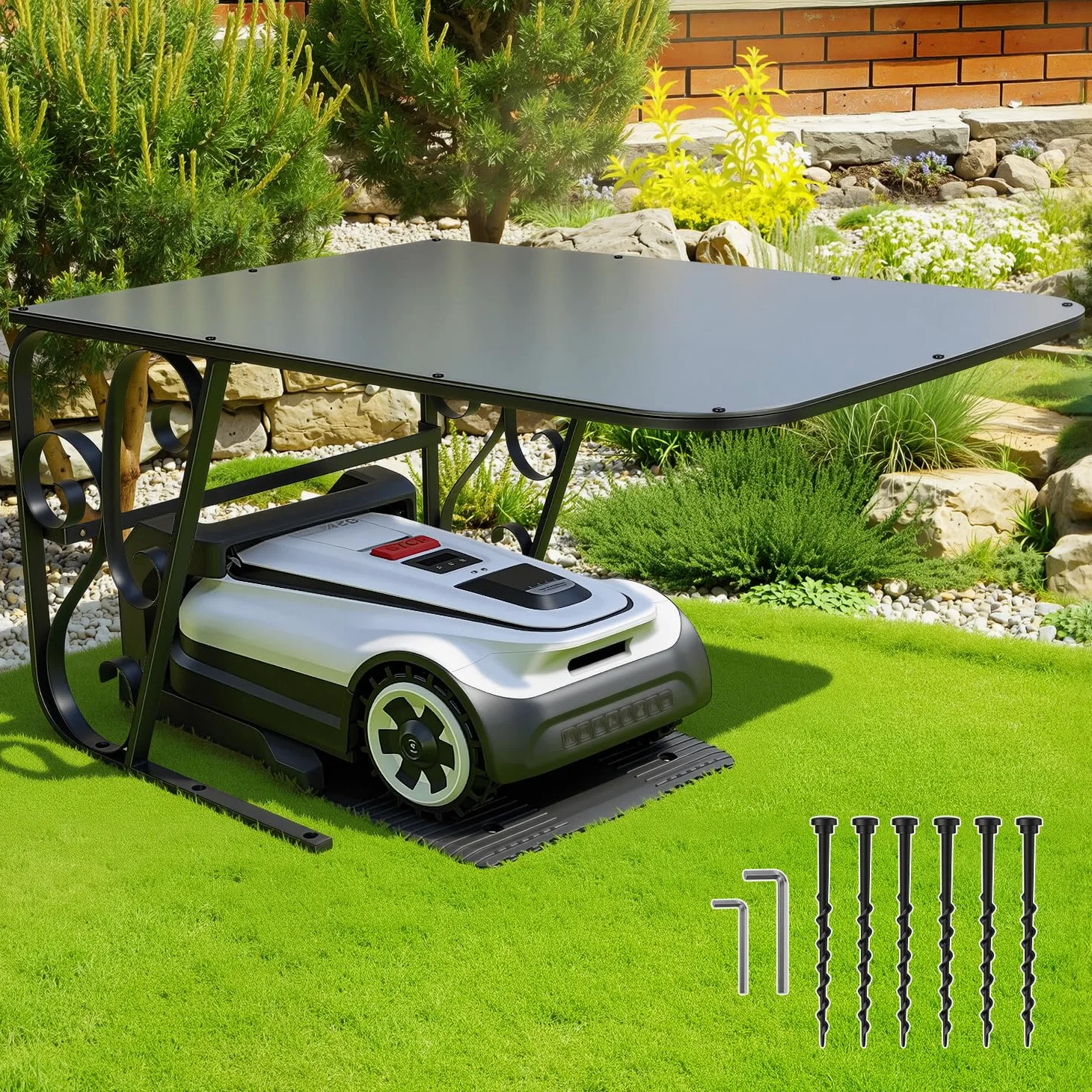 Garage pour robot tondeuse avec pieds en métal - Toit de protection pour carport - Toit pour tondeuse à gazon, robot-tondeuse - Protection UV | Idéal contre la pluie et la grêle 43x56x82cm