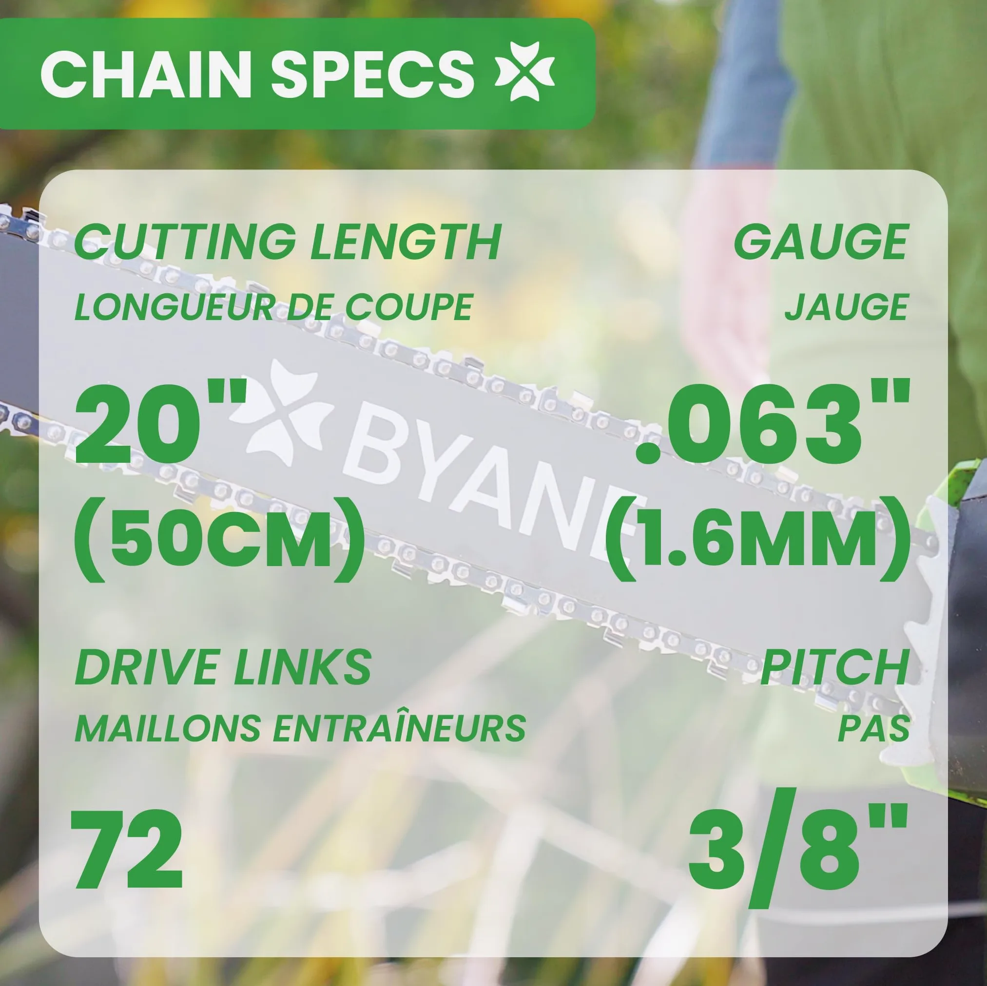 BYANE Kit Guide-chaîne 50cm + 3 Chaînes 3/8" 1,6mm 72 maillons | Compatible avec STIHL D025, MS220, MS260, MS261, MS270, MS360