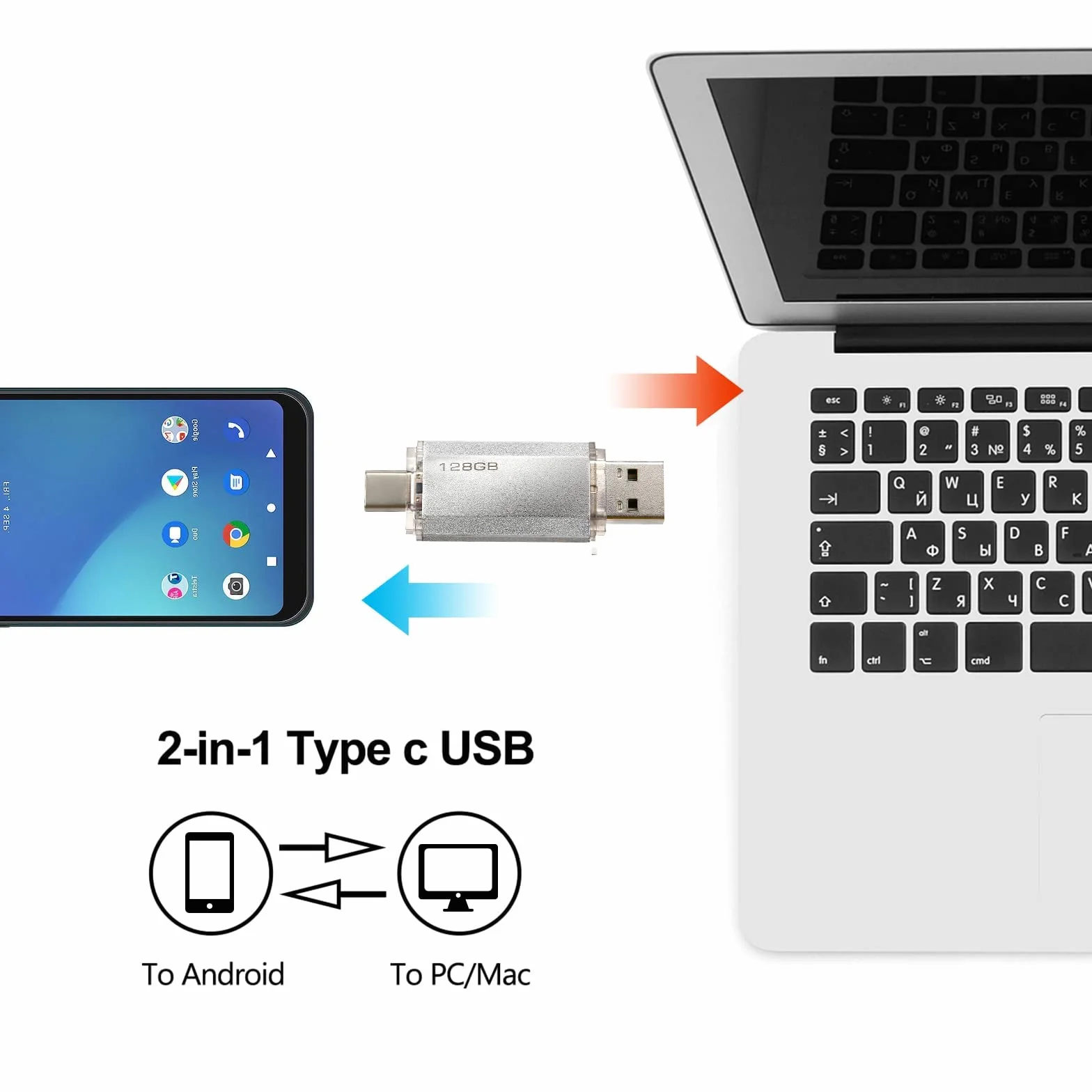Clé USB C 128GB 2-en-1 Dual Connector OTG Type C Metal Flash Argent