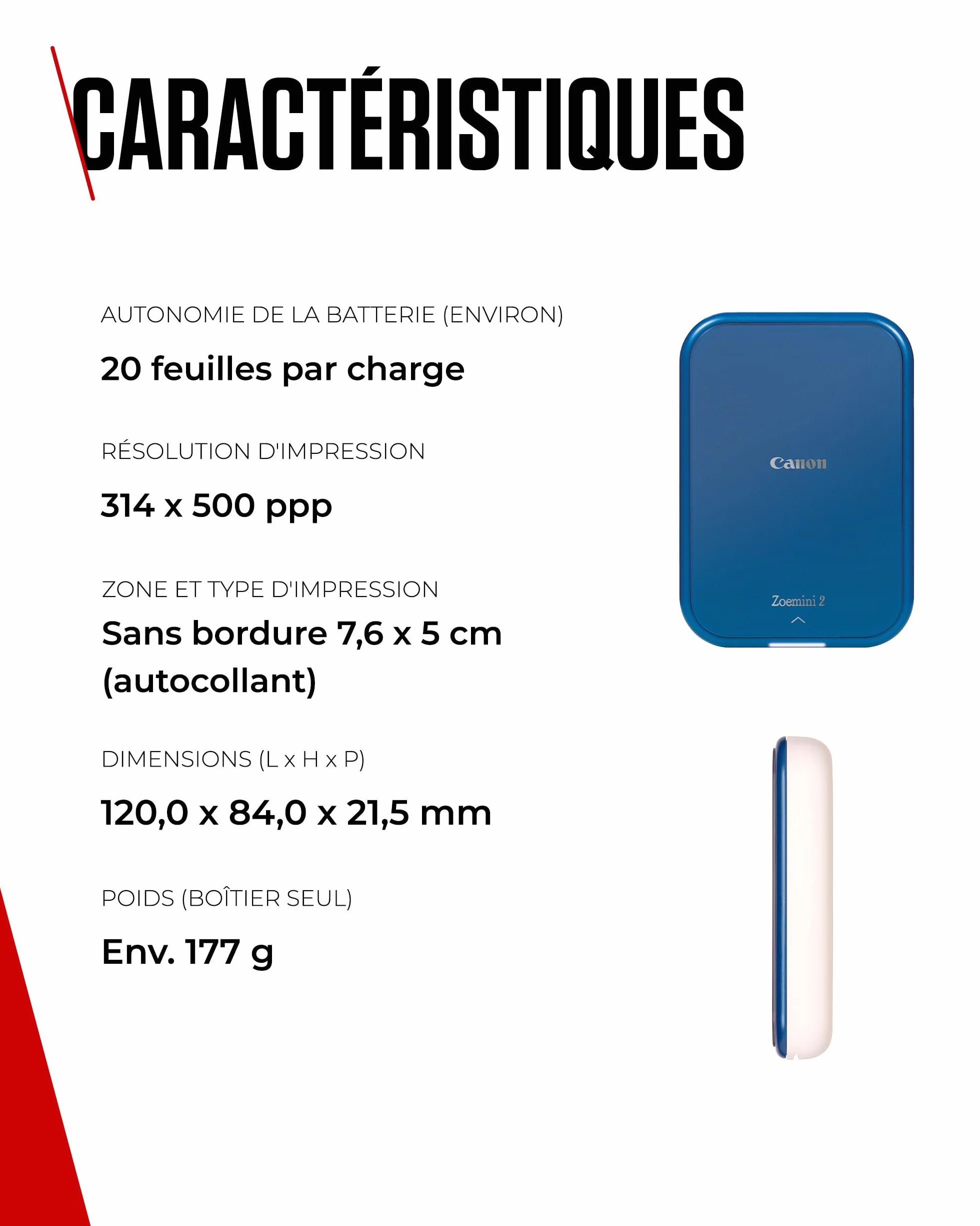 Canon Zoemini 2 Imprimante Photo Portable Bluetooth USB-C Rechargeable, Kit avec 20 Feuilles Autocollantes ZP-2030 + 10 Feuilles Circulaires 3,3 cm Zink, Bleu