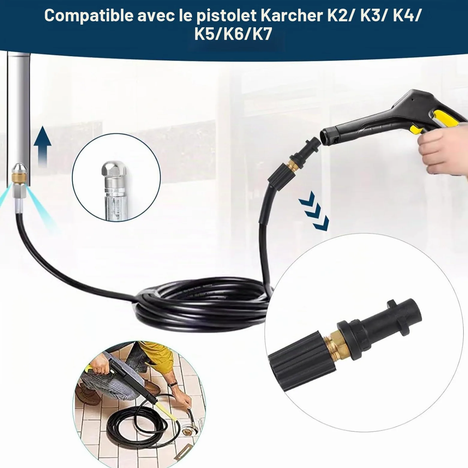 Tuyau de débouchage 15 m pour canalisation avec 3 adaptateurs et 2 buses | Flexible haute pression pour Karcher et Lavor, nettoyeur anti-bouchon, adapté aux canalisations, conduits et évacuations