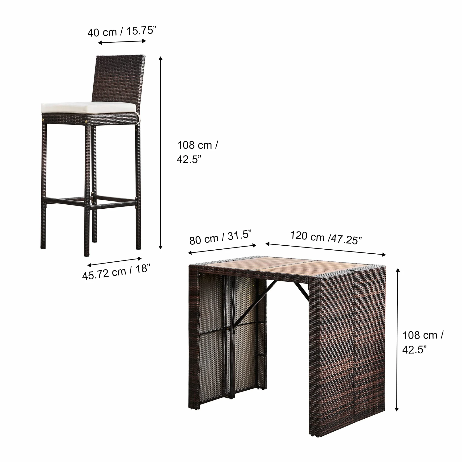 Teamson Home Ensemble Table et 4 Chaises de Jardin Extérieur Hautes Style Bar Plateau en Bois Coussins Amovibles