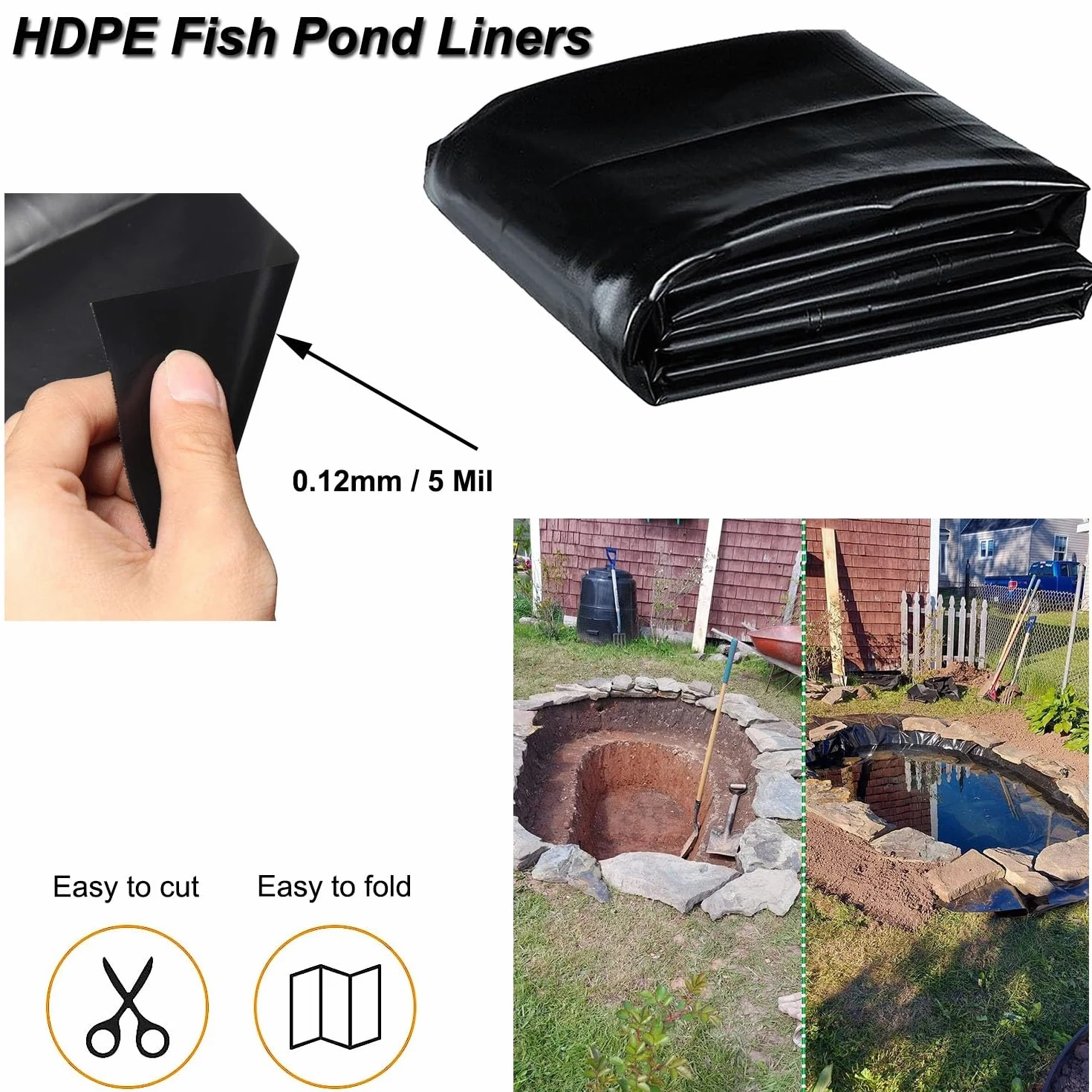 Bassin Exterieur Liner Piscine bache Bassin Exterieur, Bâche en Caoutchouc Noir pour Bassin 5x7m, résistante aux Perforations et aux déchirures, pour bassins de Jardin, étangs à carpes koï,