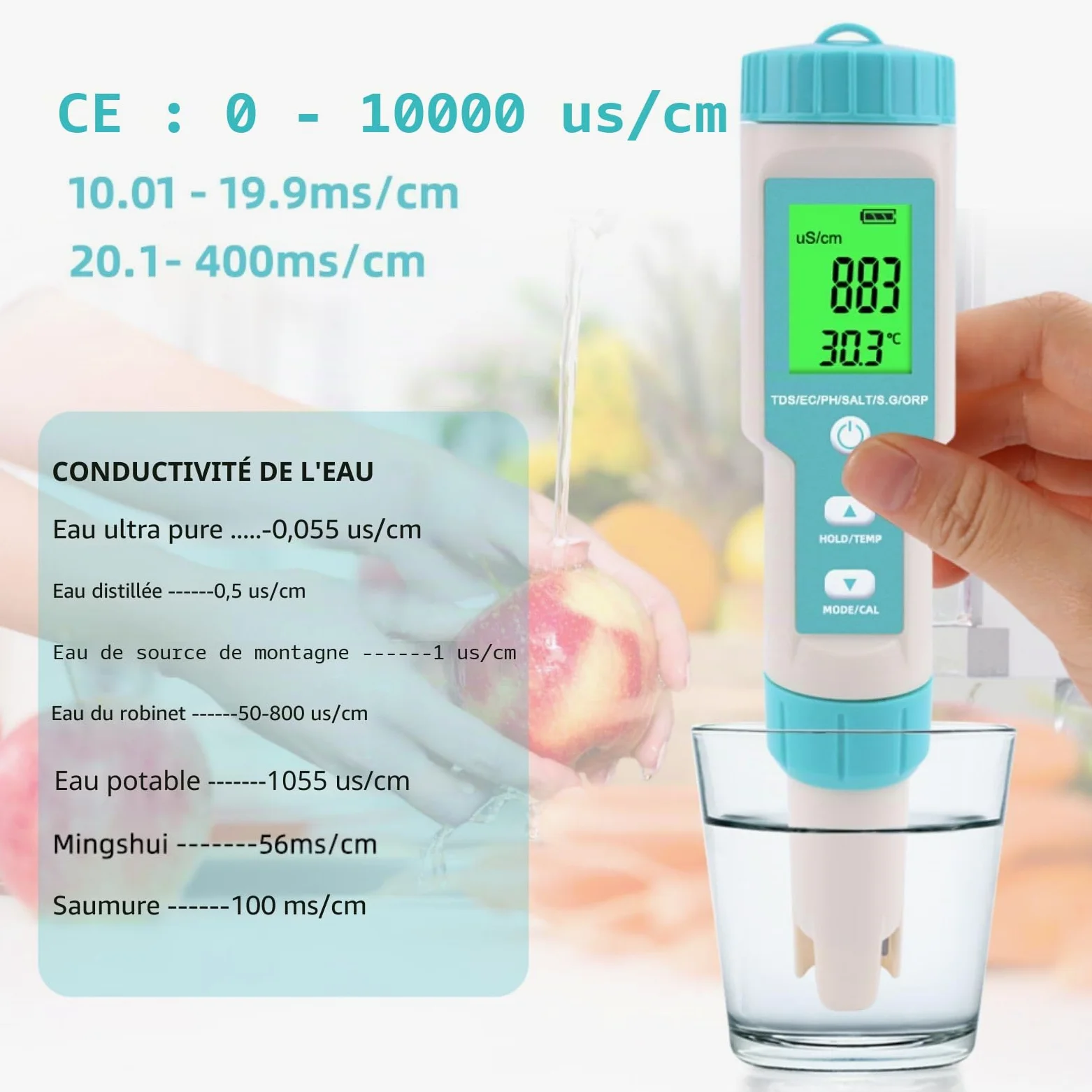 Testeur De Qualité de L'eau, Testeur PH Mètre 7 en 1 et PH/TDS/SALT/ORP/S.G/TEMP/EC, PH-mètre Avec Écran LCD, Pour Eau Potable, Piscine, Aquariums, Hydroponie #A