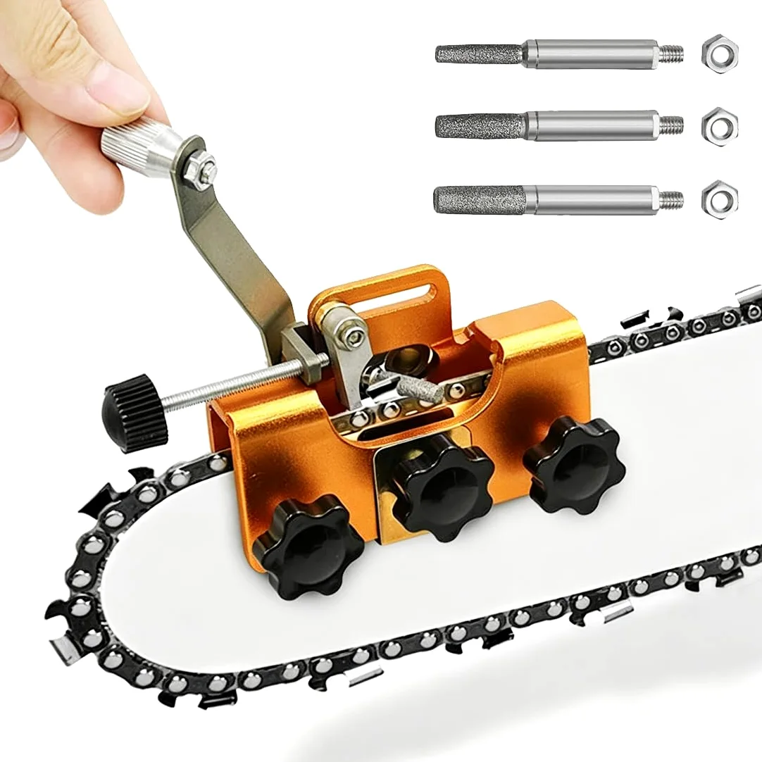 Affûteur Chaîne Tronçonneuse à Manivelle, Affûteuse Portable avec 3 Pierres 4/5/6 mm, Guide d'Angle, Kit d'Affûtage Manuel pour Tronçonneuse