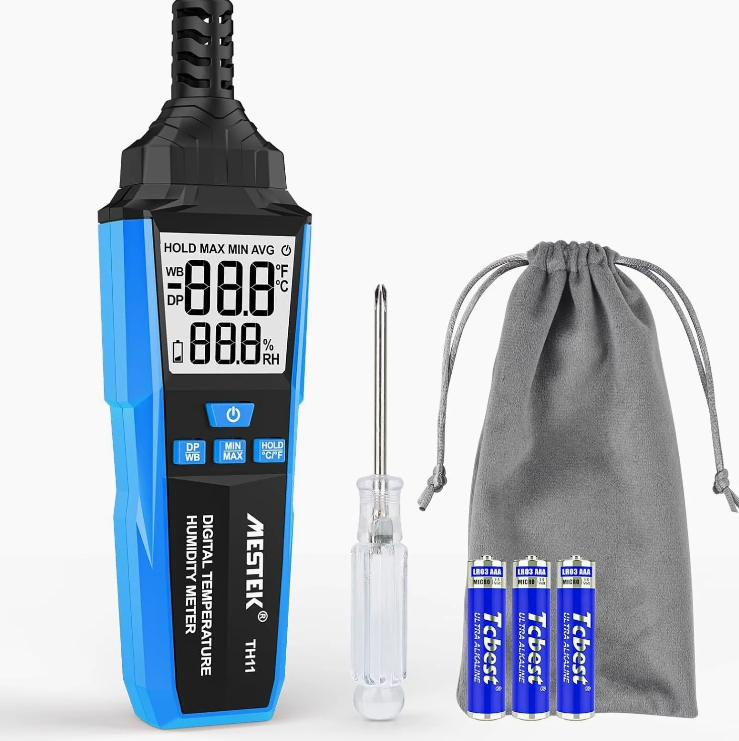 MESTEK Thermomètre Hygromètre Intérieur Extérieur, Thermo-Hygromètre Digital, Multifonctionnel à Haute Précision, pour Température/Humidité Ambiante, Température du Point de Rosée et Bulbe Humide