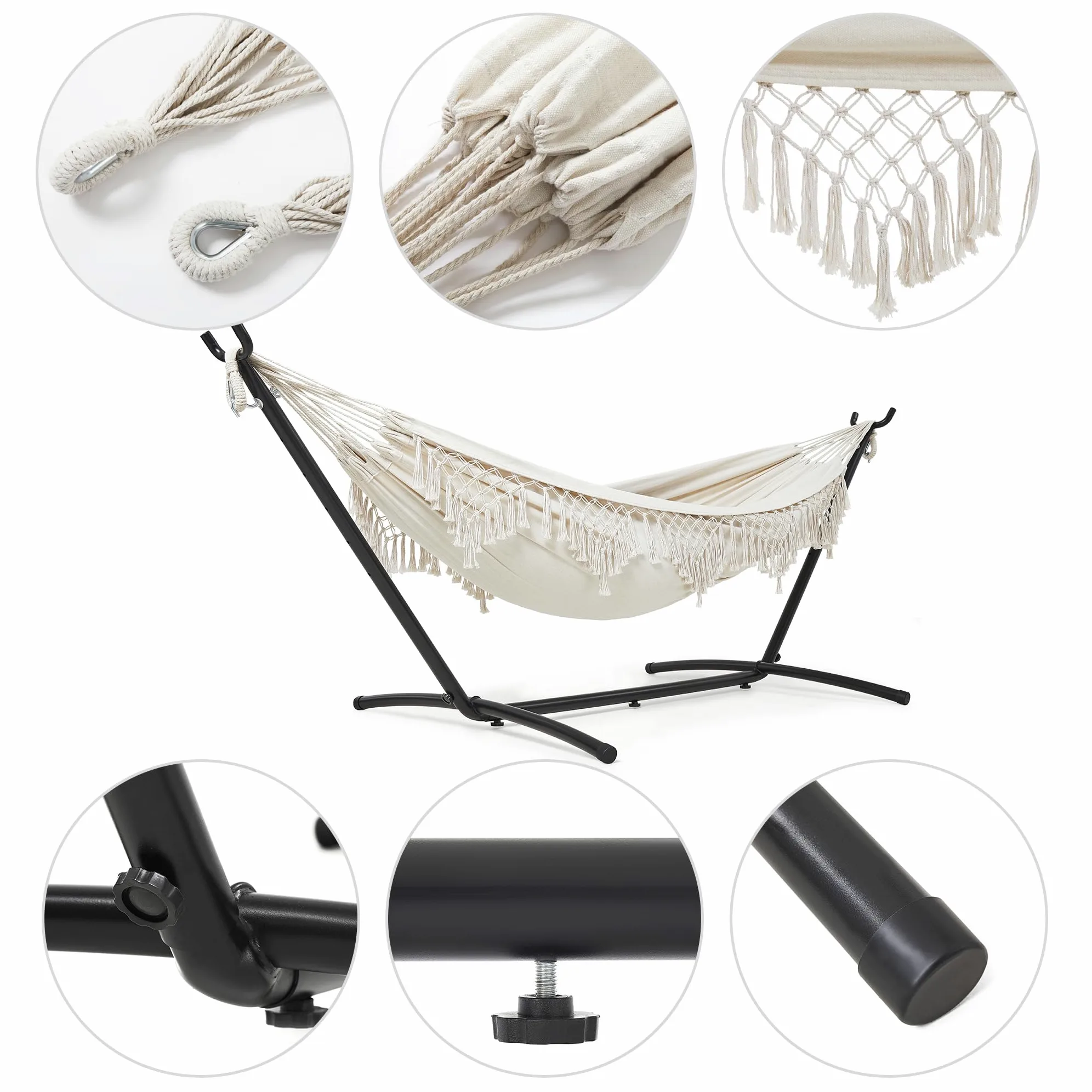 Mondeer Hamac Double avec Support, Bohème hamac sur Pied Portable avec Cadre Robuste Réglable, Adapté Terrasses Extérieures, Patios Jardins, Charge Maximale 200kg, Beige | Hamac de camping portable avec cadre en métal réglable et sac de transport, style b