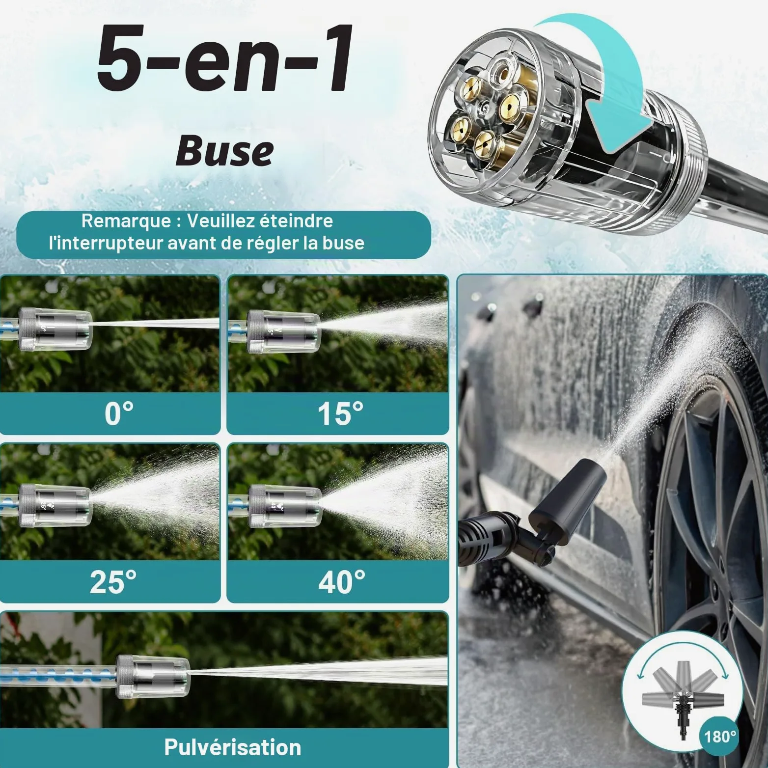 Nettoyeur Haute Pression sans Fil, Moteur sans Balais 3000 W, Mode 3 Vitesses, Maximum 100 Bar, Batterie De avec 2 Batteries 4,0 Ah, Buse Rotative 5 en 1, pour La Voiture Et La Maison