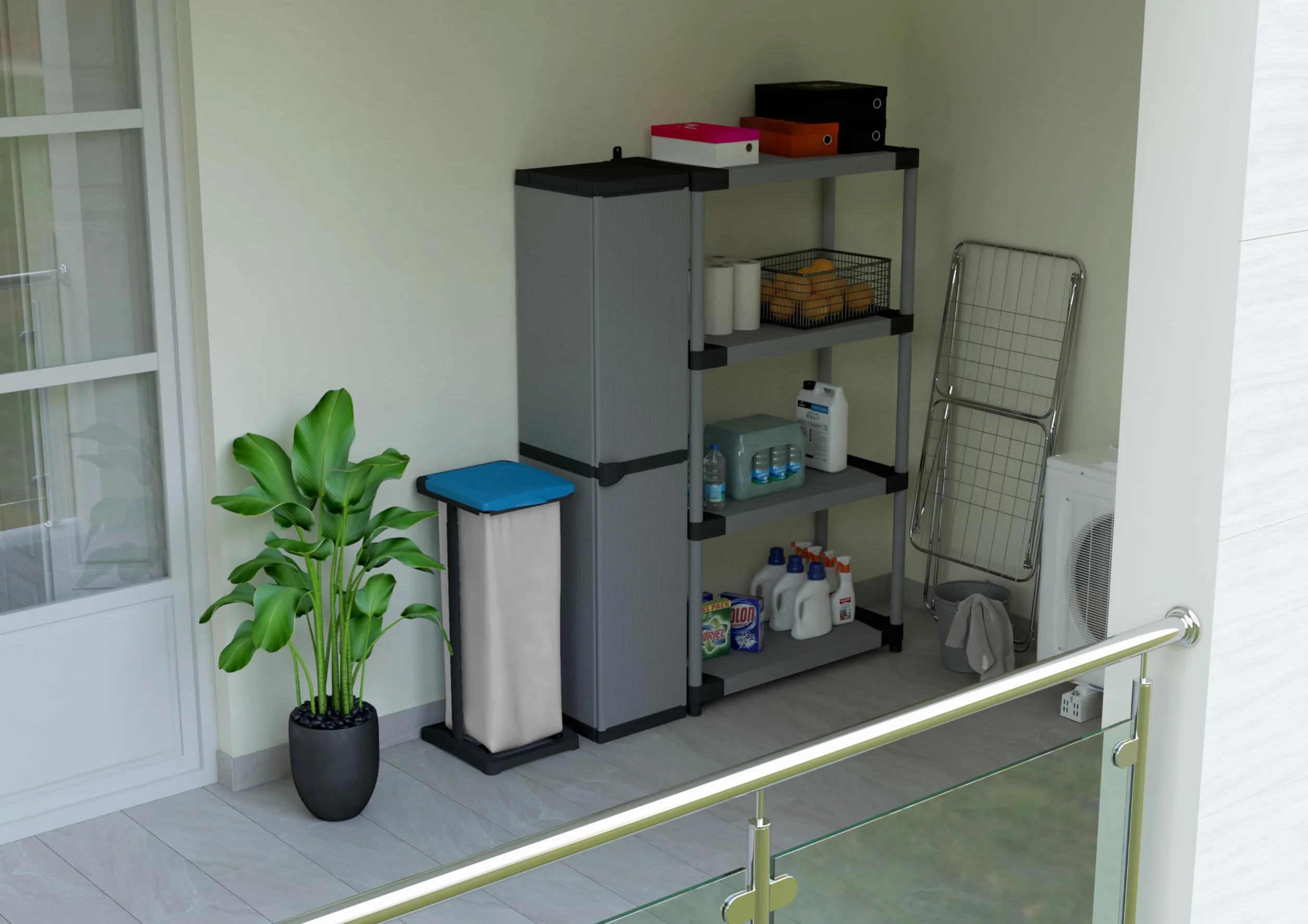 Adventa Armoire résine PVC PP 1 porte 3 étagères modulaire 34x40x165 cm Gris