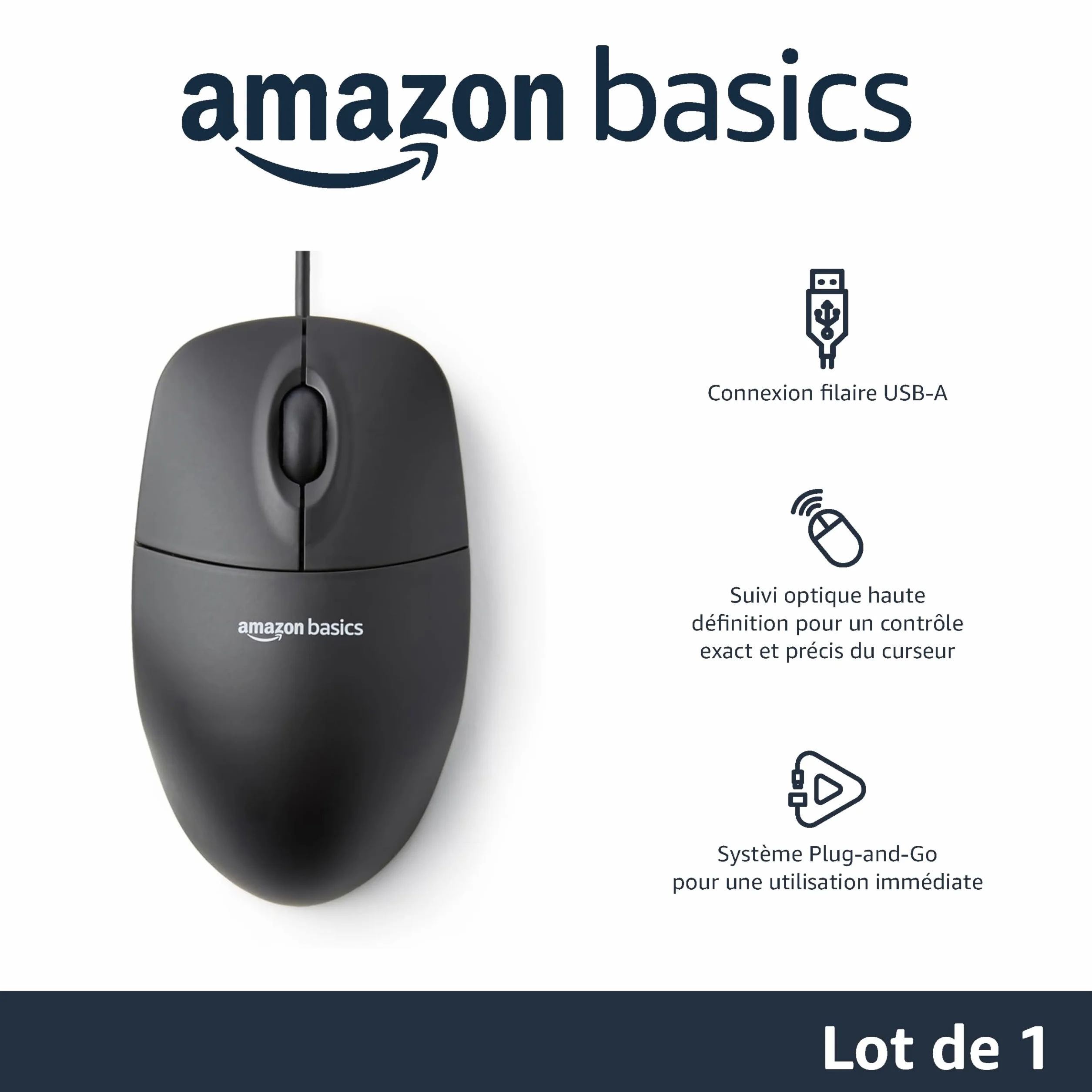 Amazon Basics Souris Optique USB 3 Boutons Noir