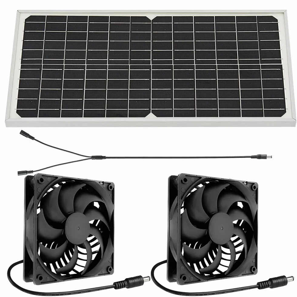 Ventilateur Solaire Exterieur 16W Kit Extracteur d'air Résistant aux Intempéries Fenêtre D'échappement 2 Ventilateurs étanches