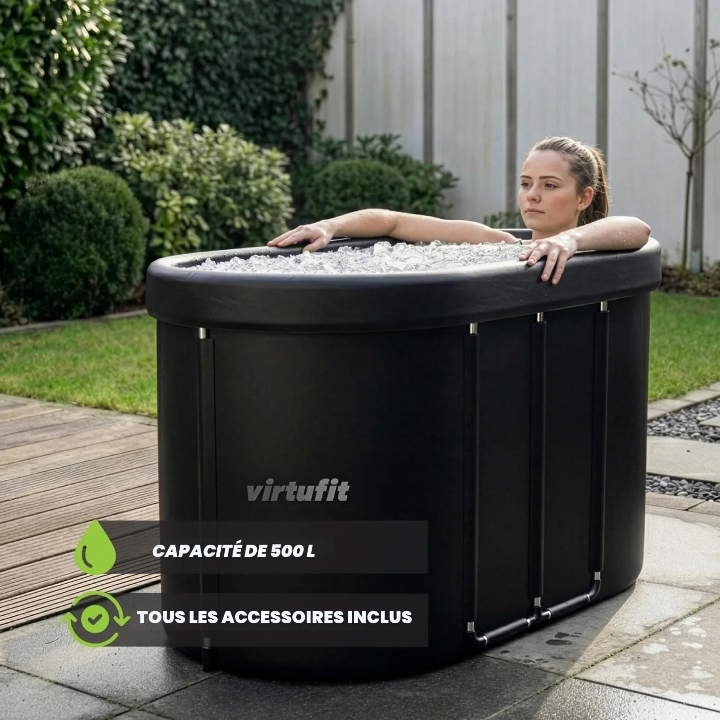 VirtuFit Baignoire Glacée Ovale 500L – Bassin à Eau Froide pour la Régénération et la Récupération Musculaire – Pliable, Isolation à 5 Couches, Accessoires Inclus, Pour l’intérieur et l’extérieur