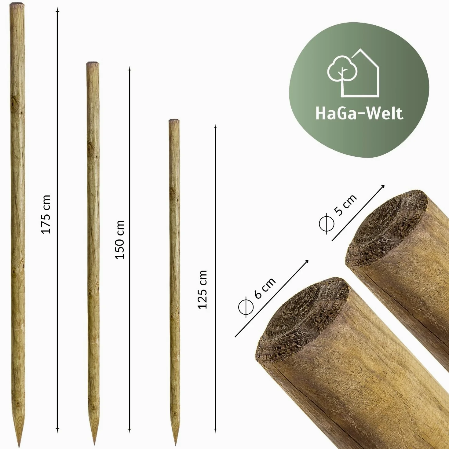 HaGa Lot de 10 piquets ronds en bois de pin pour clôture - 5 cm de diamètre - Hauteur 150 cm - Éléments de clôture pour clôture en bois, clôture pour chien, clôture de pâturage