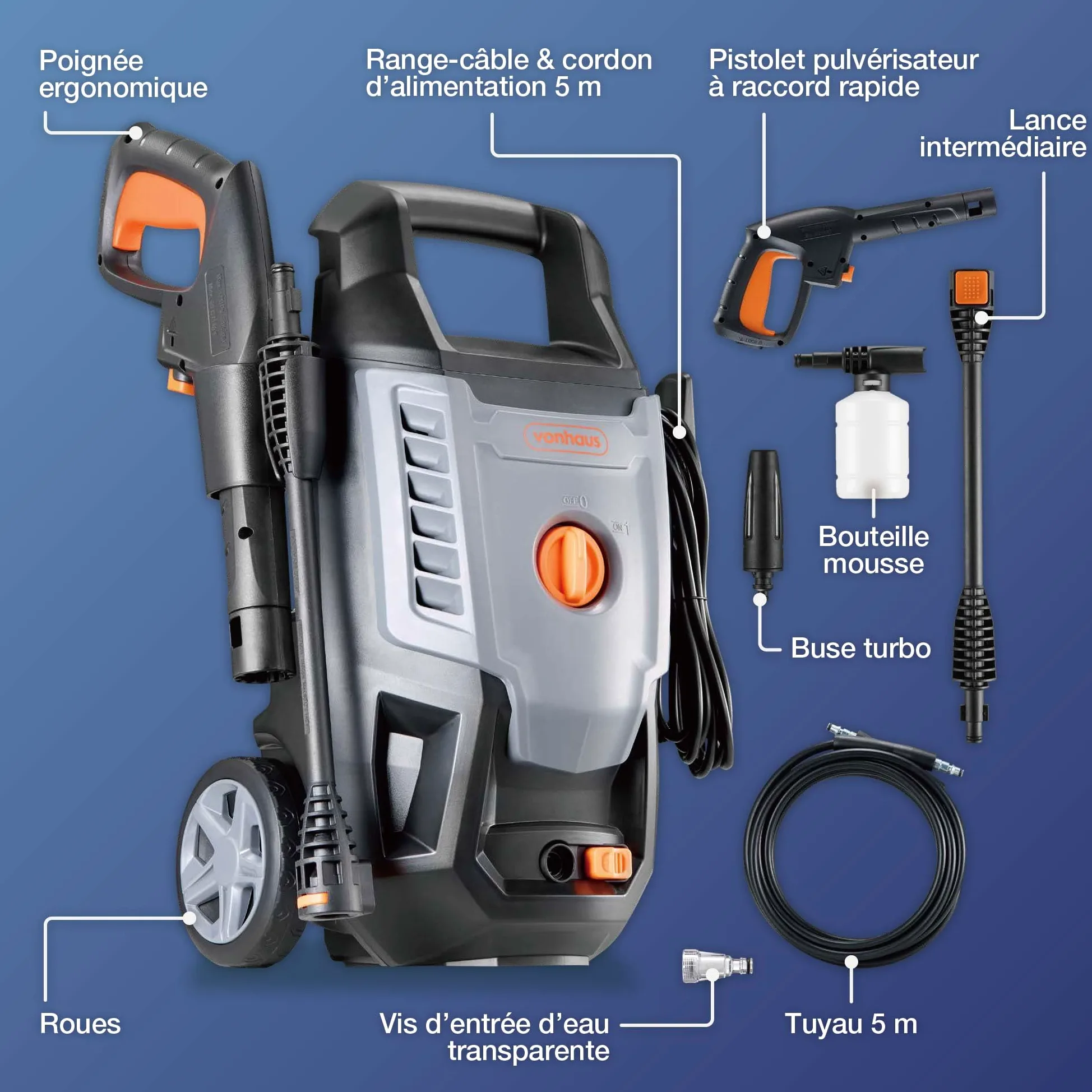 VonHaus Nettoyeur Haute Pression 1600 W, Ensemble de 7 Accessoires Inclus | Pression max. 130 bars, Débit 390 l/h, 5m Tuyau, Portable pour Terrasse, Jardin, Voiture et plus encore
