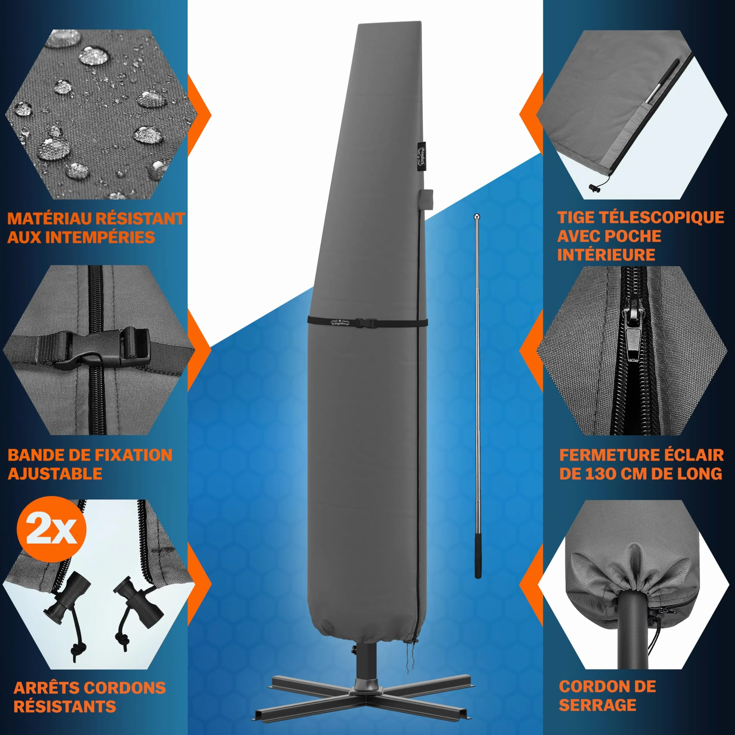 Housse de parasol télescopique Ø350cm résistante aux intempéries bâche de protection universelle gris