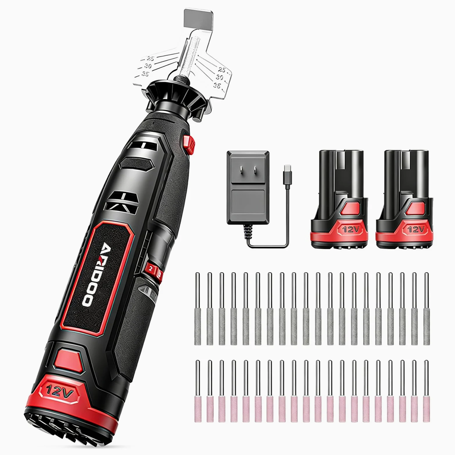 Kit d'affûtage électrique pour tronçonneuses, 2 batteries + chargeur. Outil à grande vitesse avec 20 têtes céramique & 20 meules diamantées, adapté à toutes les chaînes.
