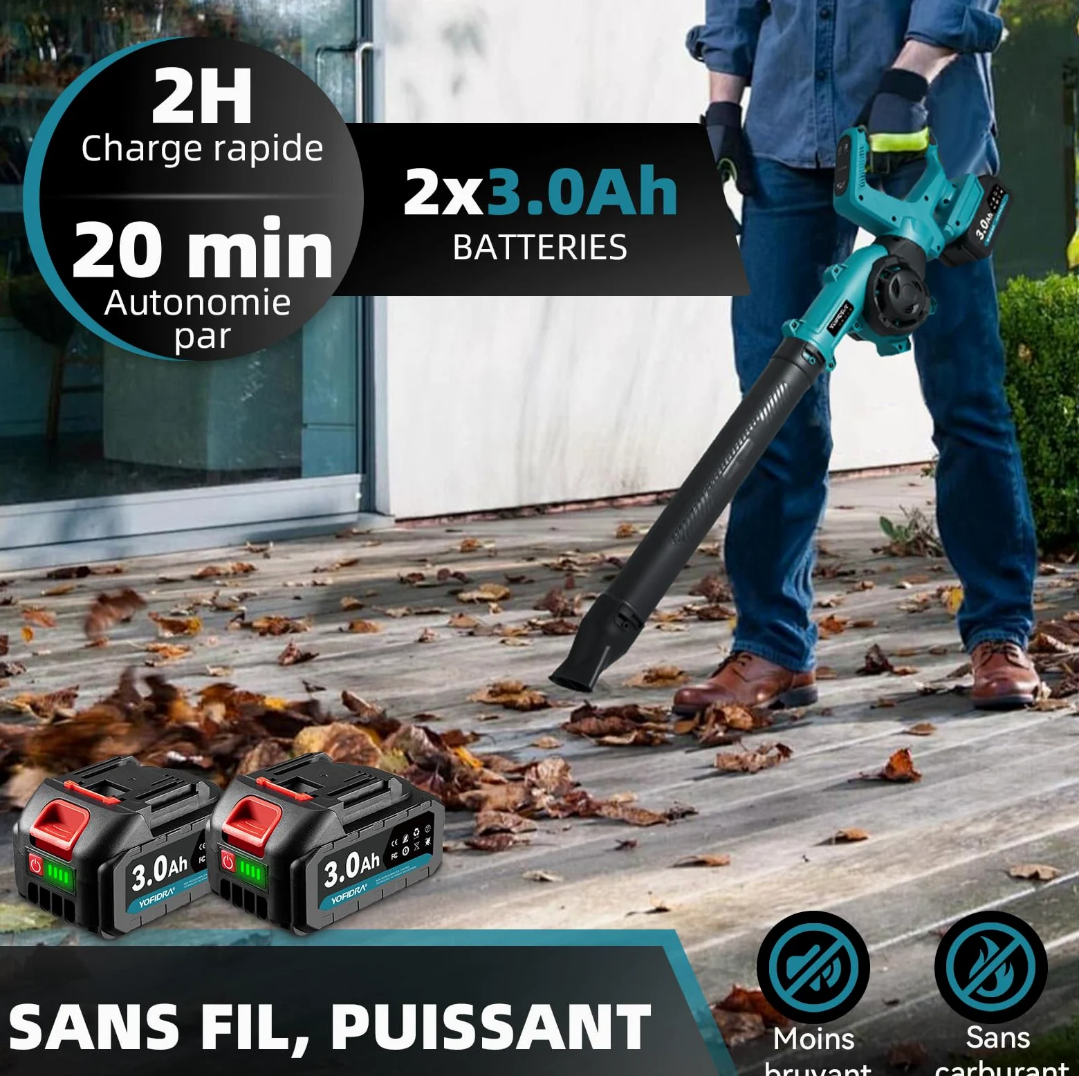 YOFIDRA Souffleur de Feuilles sans Fil avec Batterie 280 km/h, 3 Vitesses | 13 000 TR/Min Souffleur,avec 2 Batteries 3,0 Ah, Poignée Réglable à 270°, Double Entrée d’Air, pour Cour, Pelouse, Jardin