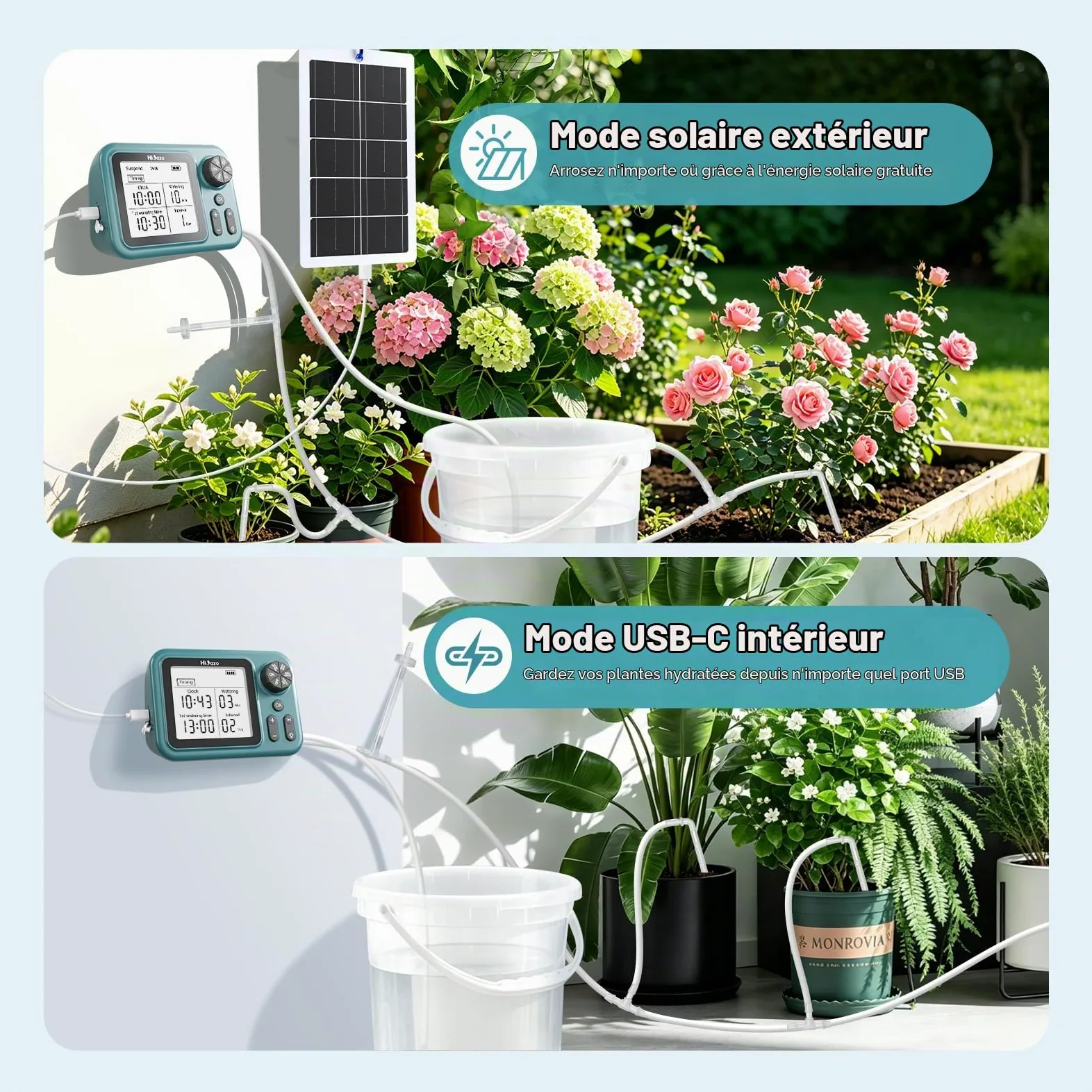Kit d'Arrosage Goutte à Goutte Automatique Solaire, Programmateur Large Écran 3,5", Irrigation Racinaire Précise pour Jusqu’à 15 Plantes, Pompe 800 ml/min pour balcon et jardin