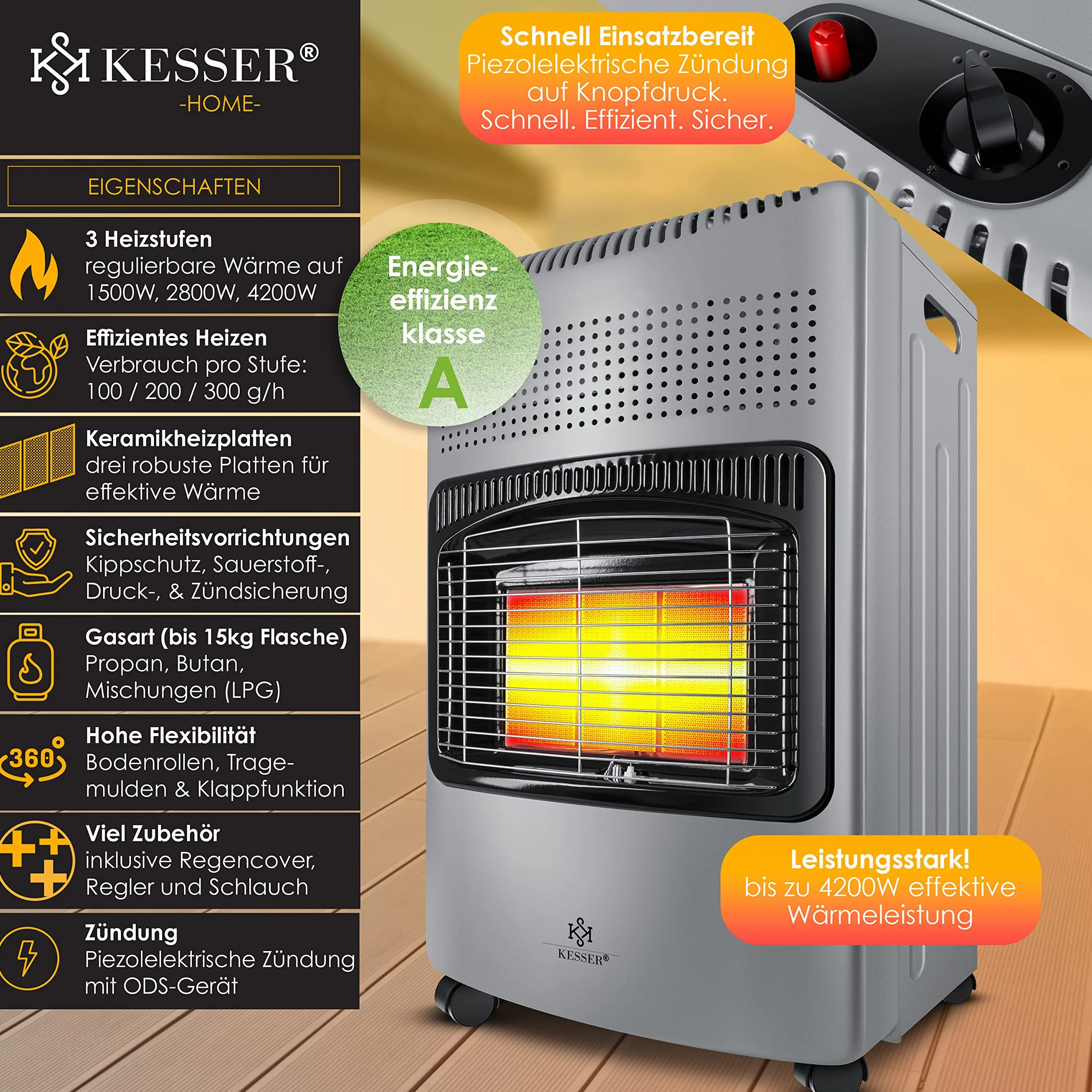 KESSER Chauffage à Gaz 4200 W Brûleur Céramique Infrarouge Gris Foncé