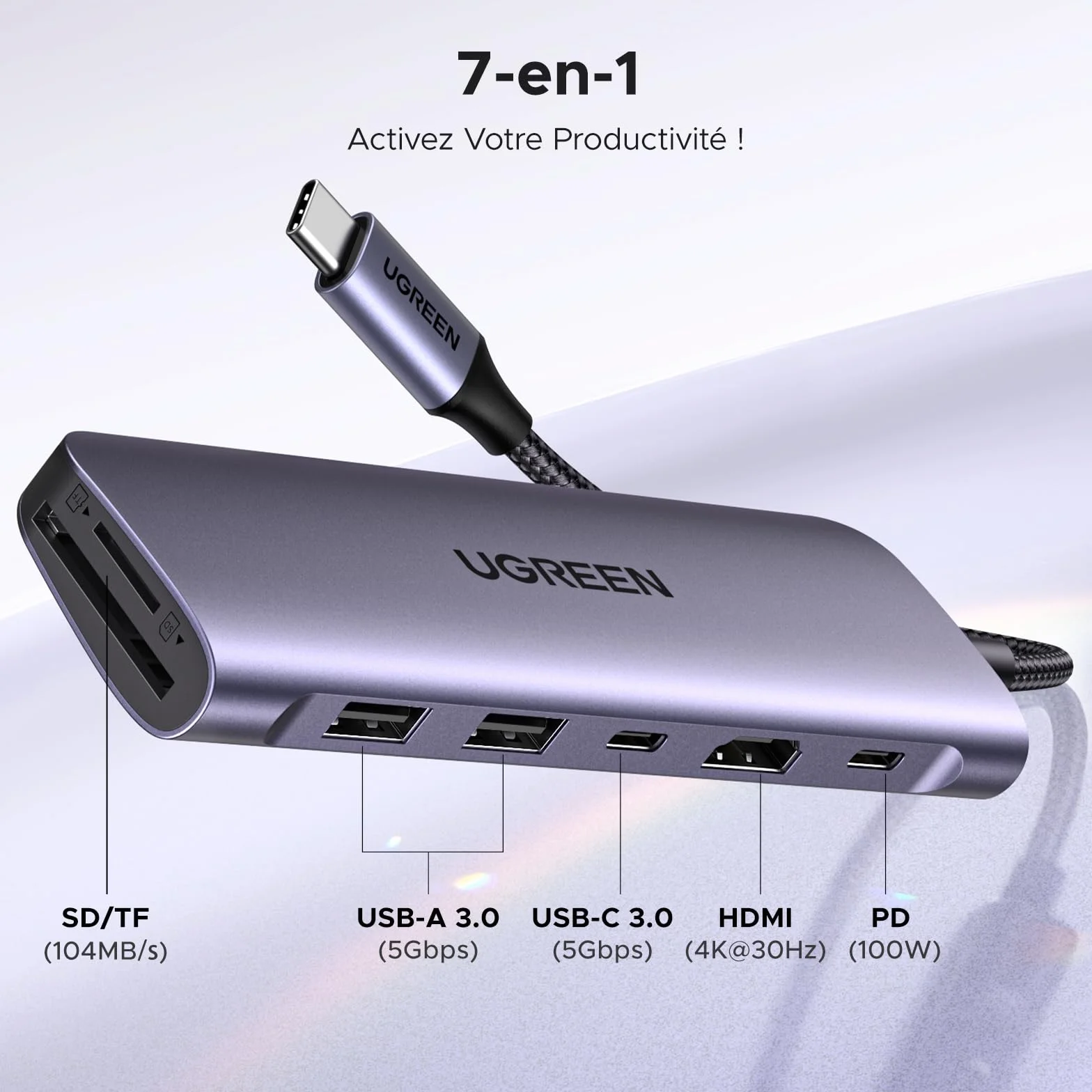 UGREEN Revodok 1071 Hub USB C HDMI 4K Lecteur de Carte SD TF PD 100W 7 en 1 Docking Station Compatible MacBook iPad Pro Air Mac Mini M4