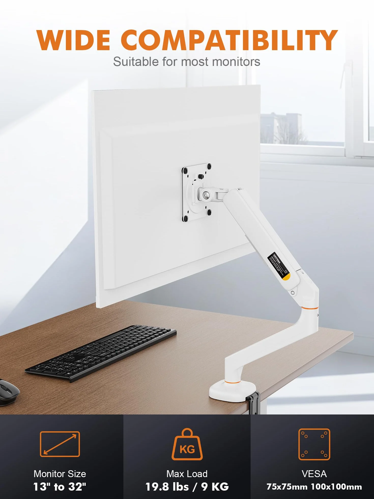 Ibergrif Support Écran PC Bras 13-32 Pouces VESA 75/100mm Réglable Hauteur Inclinable Pivotant Rotatif Gestion Câbles Blanc MA001W