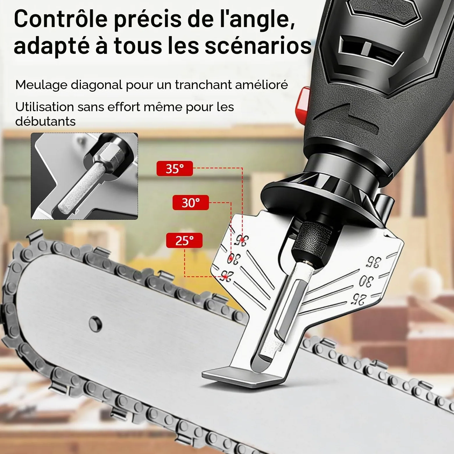 Kit d'affûtage électrique pour tronçonneuses, 2 batteries + chargeur. Outil à grande vitesse avec 20 têtes céramique & 20 meules diamantées, adapté à toutes les chaînes.