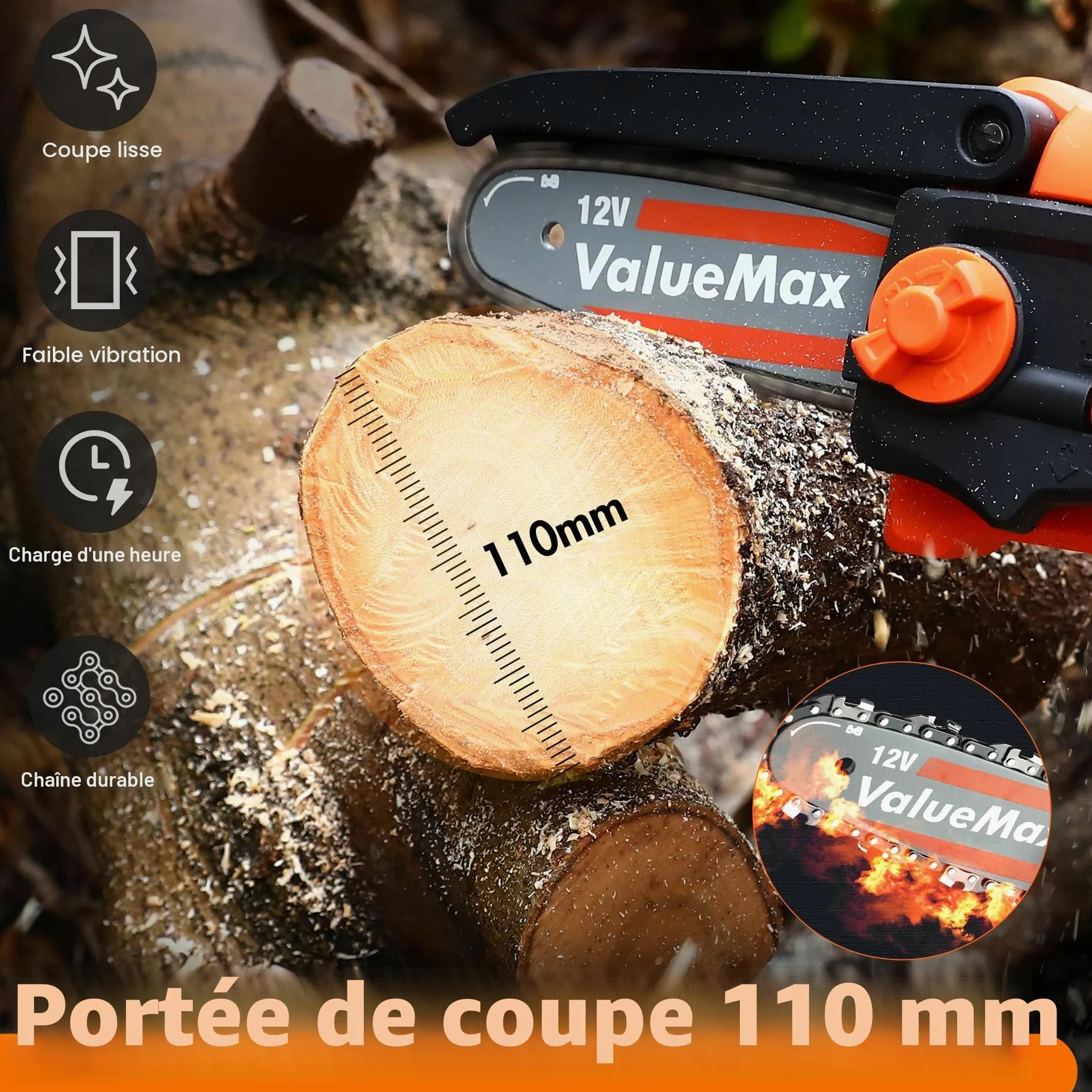 ValueMax Mini Tronconneuse a Batterie 4 Pouces | 12V Tronçonneuse Électrique Sans Fil Portable et 2 * 2000mAh Batteries pour les Branches d'arbres, l'élagage le Jardin
