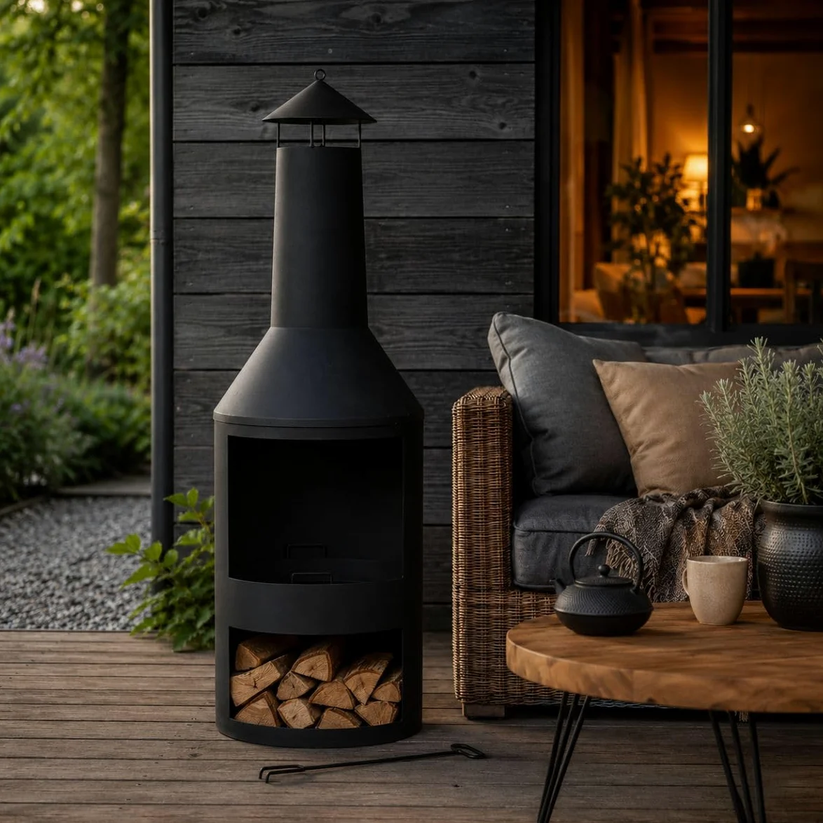 BBQ Collection Brasero 134 x 44,5 cm - Incinerateur de Jardin sur Pied - Decoration Jardin et Terrasse Exterieur - avec Cheminée - Rangement de Bois - Acier au Carbone