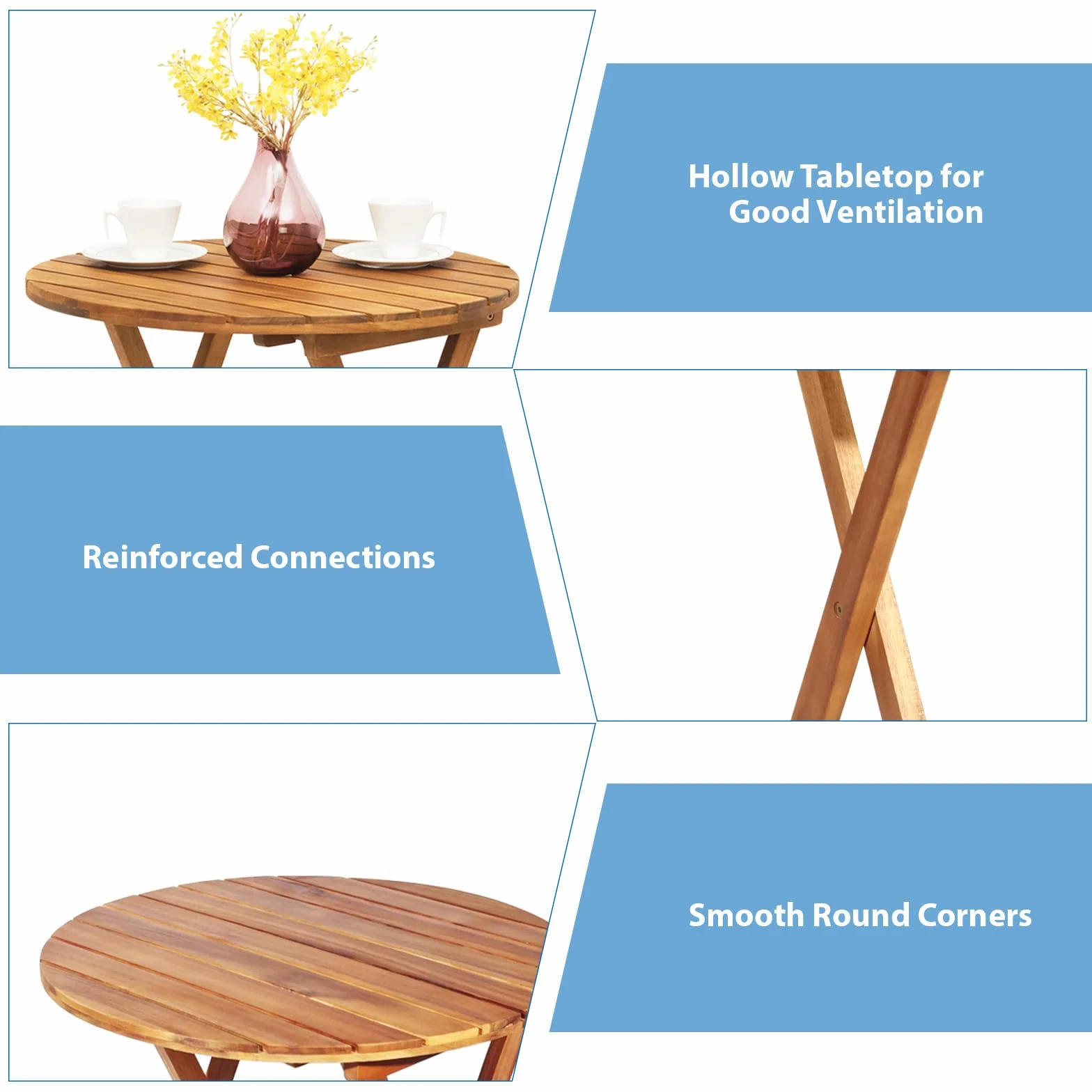Salon de Jardin en Bois d'Acacia 2 Personnes, Ensemble de Meubles Pliables 3 Pièces (Coussins Bleu foncé)