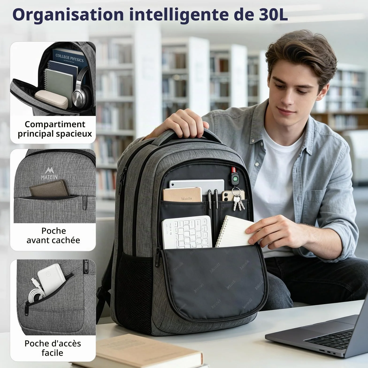 MATEIN Sac à Dos Ordinateur Portable 17 Pouces Imperméable Voyage Homme Femme Gris