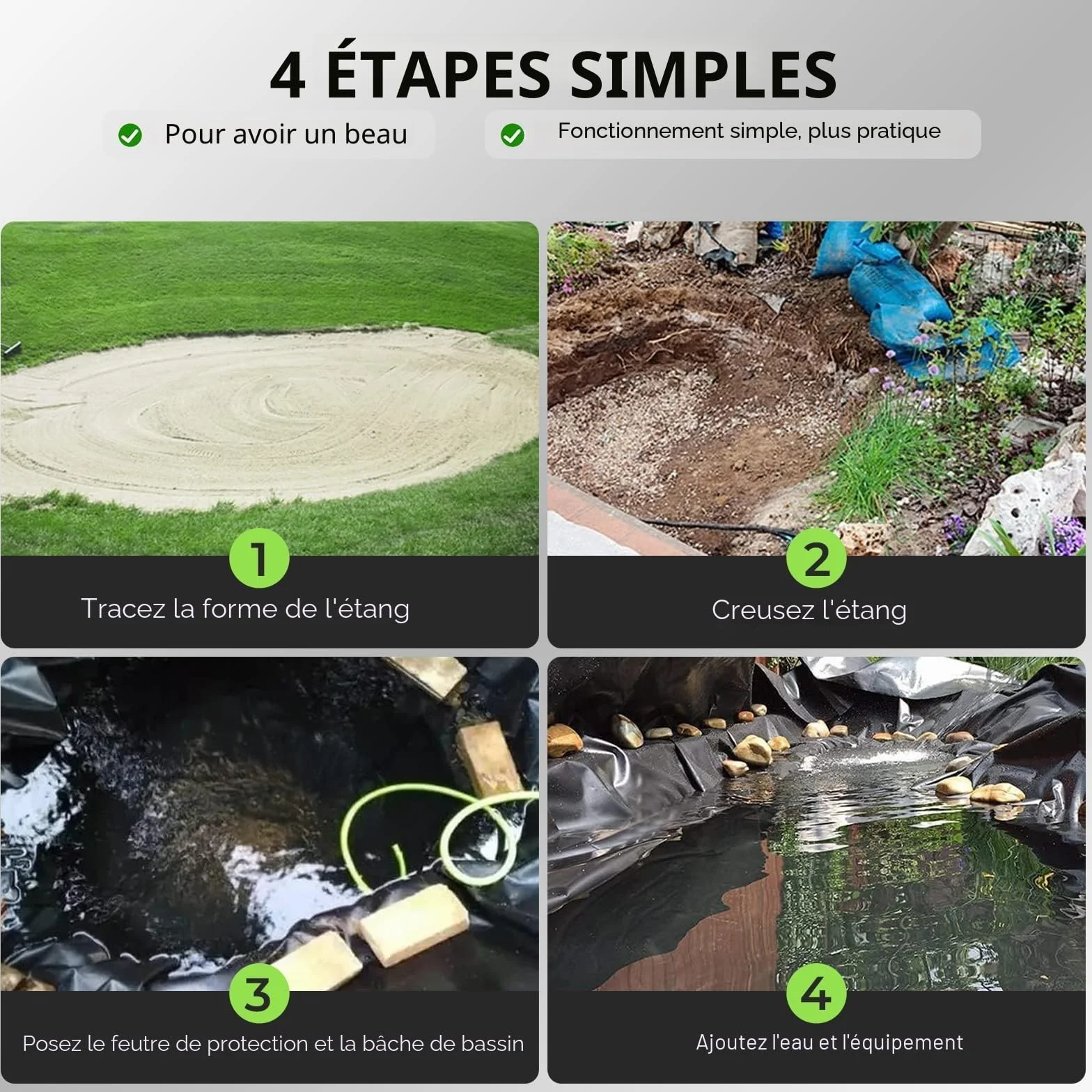 Bâche Bassin Extérieur 3x4m 0.2mm Epaisseur Liner Jardin pour Bassins d'Agrément Poisson Cascade