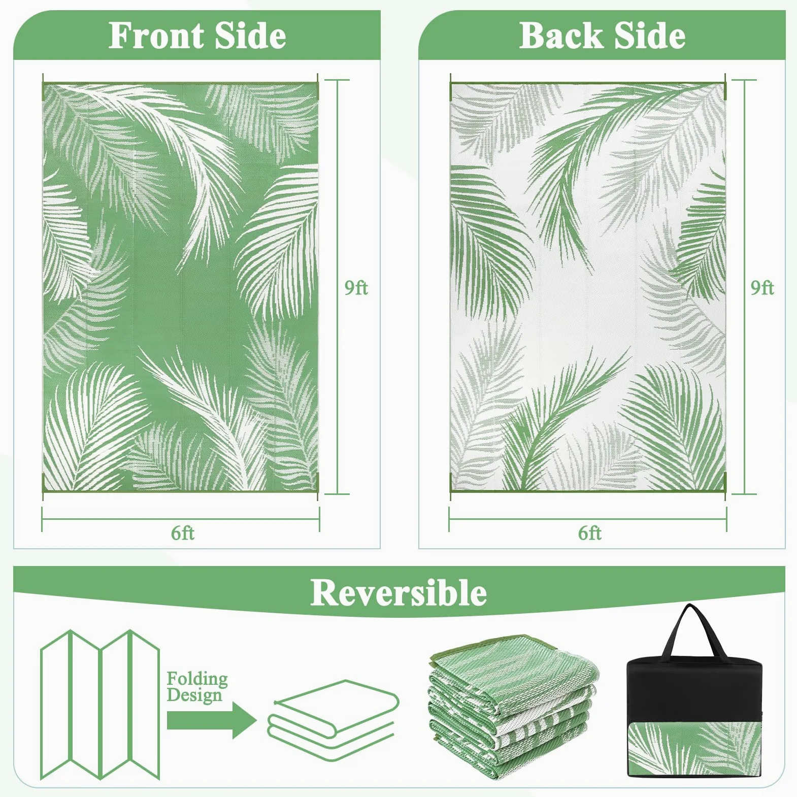 Pauwer Tapis d'extérieur imperméable réversible en paille de plastique, tapis d'extérieur pour patio, camping-car, pique-nique, jardin, terrasse, balcon, porche - 1,8 x 2,7 m