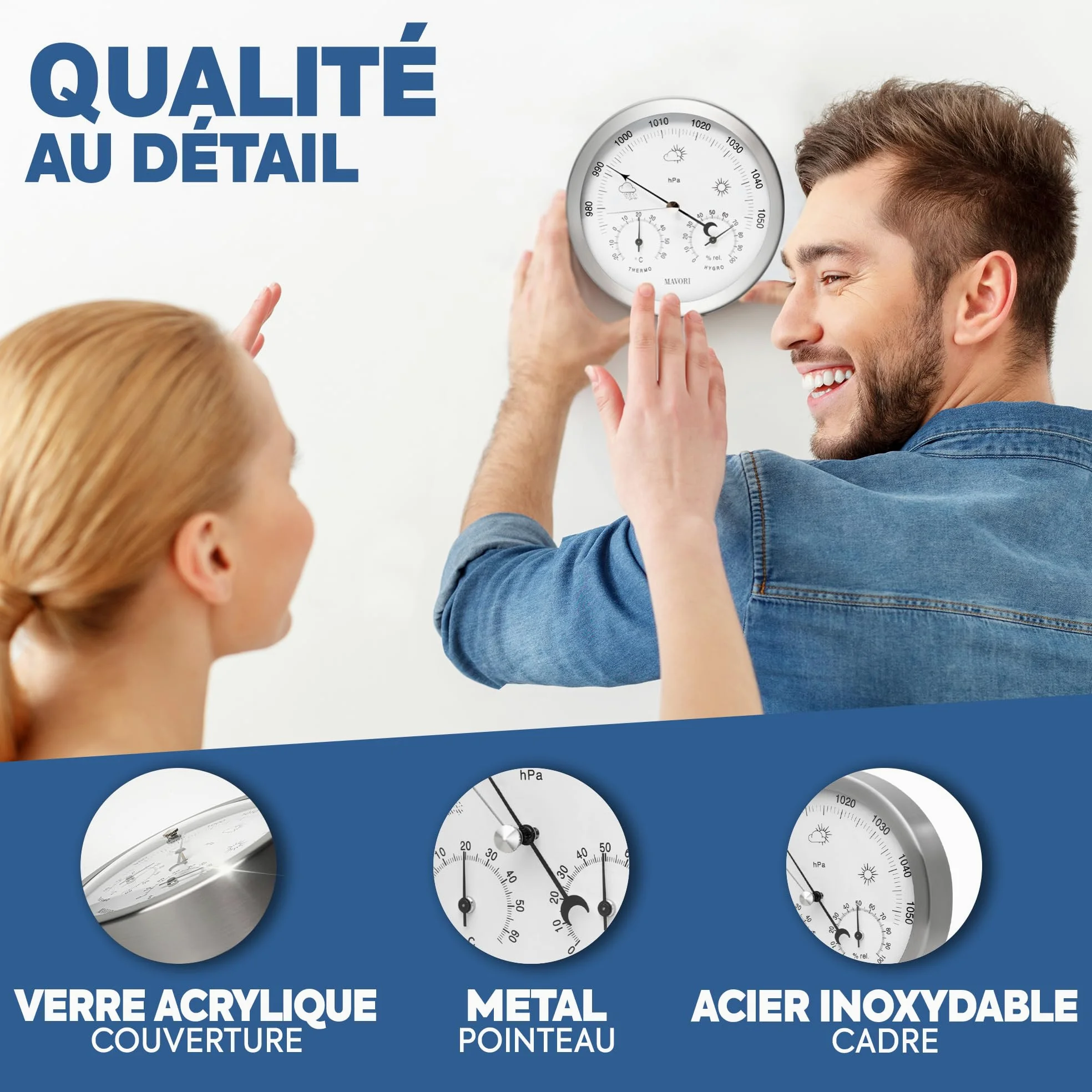 Station météo analogique - 3en1 baromètre, thermomètre & hygromètre pour intérieur et extérieur - Ø 13,5cm cadre en acier inoxydable avec verre acrylique au design moderne
