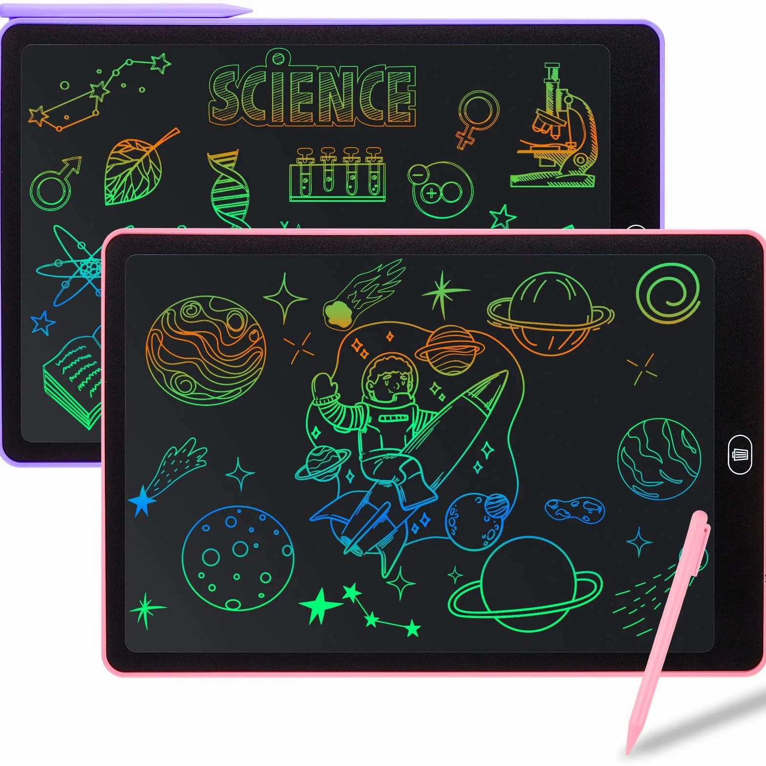 Tablette D'écriture LCD 15 Pouces 2 Pack, Écran Coloré, Bloc D'écriture Effaçable avec Autocollants Animaux, Rose + Violet