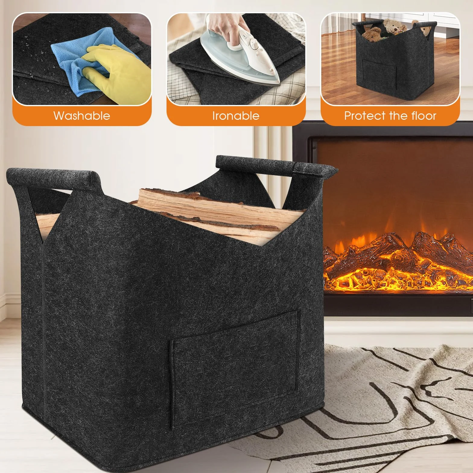 highsam Pliable Panier à Bois XL 45x32x40 cm pour Bois de Chauffage