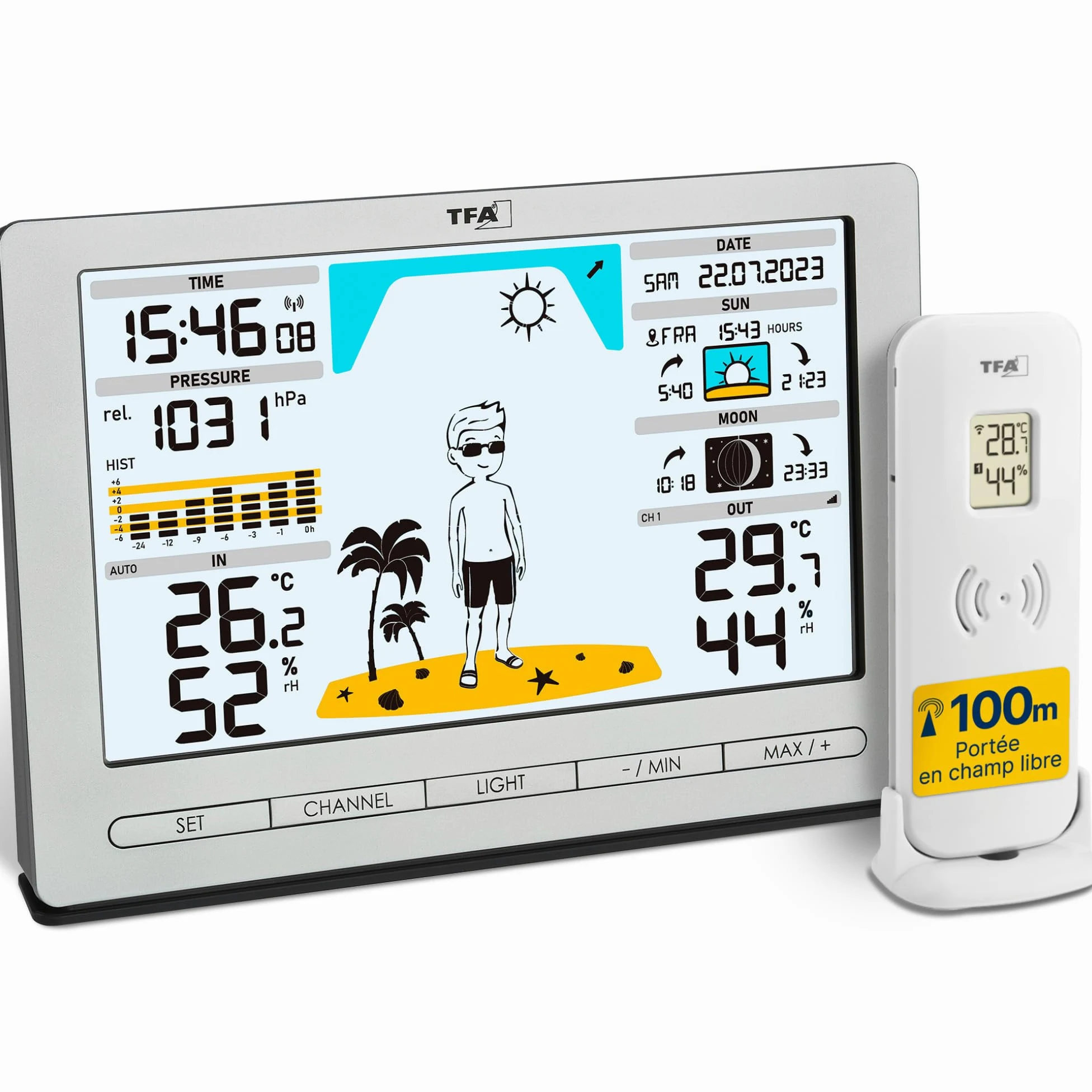 TFA Dostmann station météo sans fil METEO JACK, 35.1097.54, avec capteur extérieur, prévisions météo, pression, phase de lune, lever & coucher du soleil, argenté