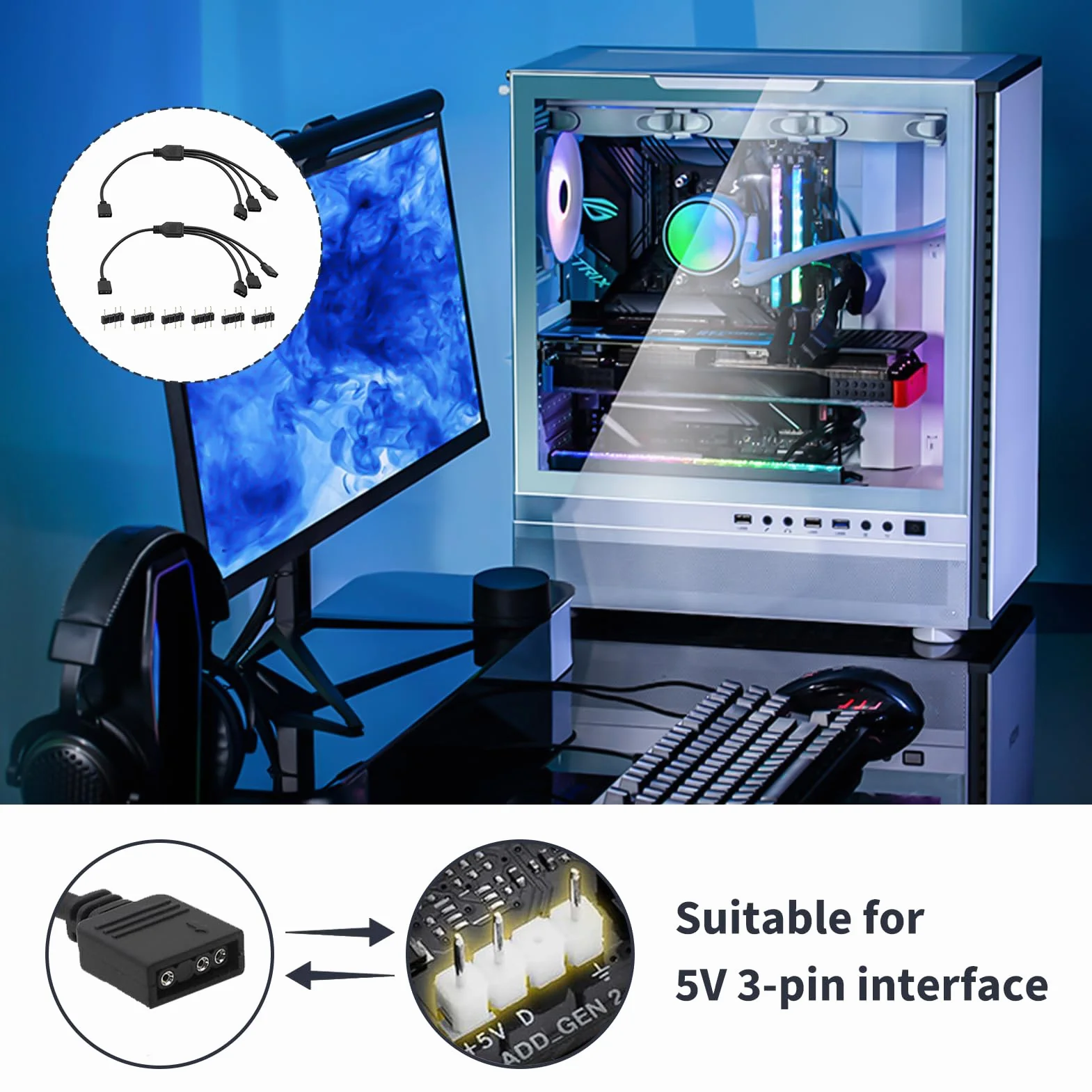 Câble Répartiteur PC ARGB 1 vers 3, Extension LED 5V 3 Broches, Compatible ASUS Aura MSI Mystic Gigabyte RGB Fusion