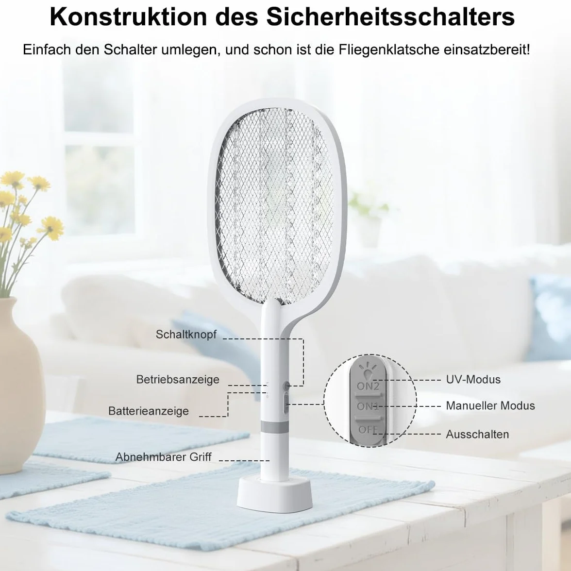 Raquette Electrique Insectes 5000V 2000mAh Anti Moustique UV USB-C Rechargeable 2 en 1 Intérieur Extérieur