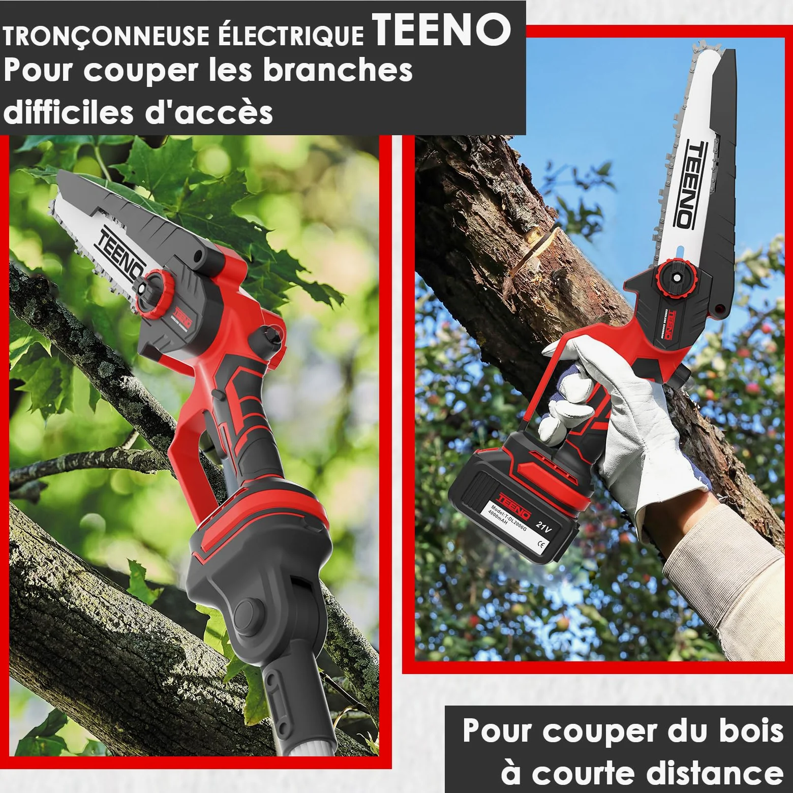 TEENO Tronçonneuse électrique 2-en-1丨Avec rallonge télescopique détachable | Guide-chaîne 2*6 pouces丨2 batteries 4 Ah丨2 chaînes丨Angle réglable à 180°丨Idéale pour le jardinage et l'élagage