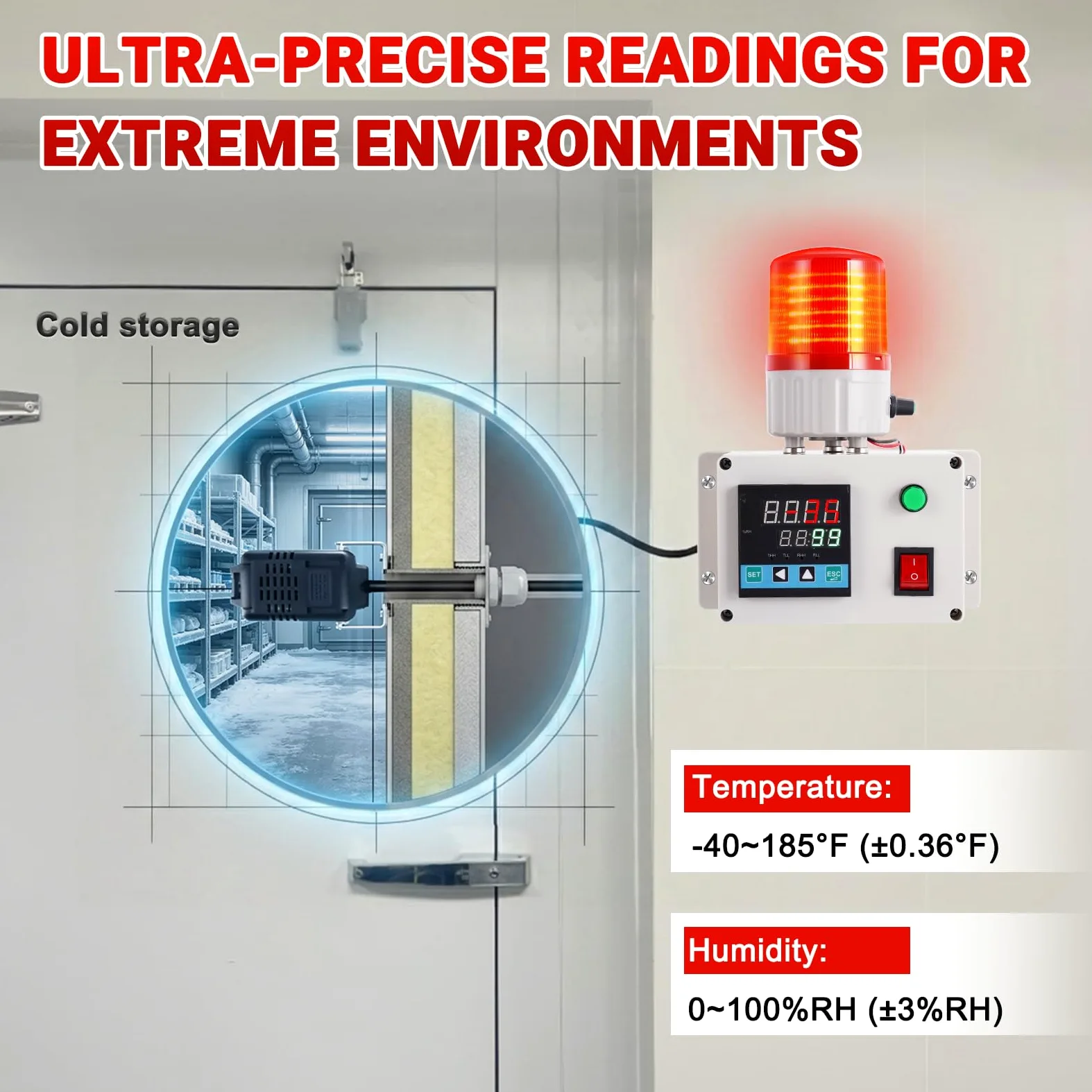 JIAWANSHUN Thermomètre hygromètre numérique industriel de -40 à 85 °C 0 à 100 % RH - Alarme indépendante - Alarme sonore - Alerte lumineuse - Calibrage pour serre, maison pour animaux de compagnie