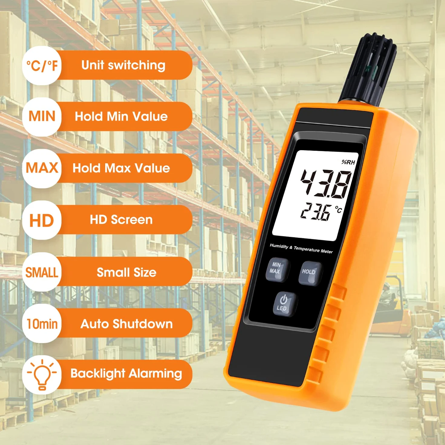 Hygromètre numérique portable - Thermomètre hygromètre 0 ~ 100 % RH/-30 ~ 60 °C - Écran LCD rétroéclairé - Jauge d'humidité pour l'extérieur, la maison, l'industrie, l'agriculture - Batterie incluse