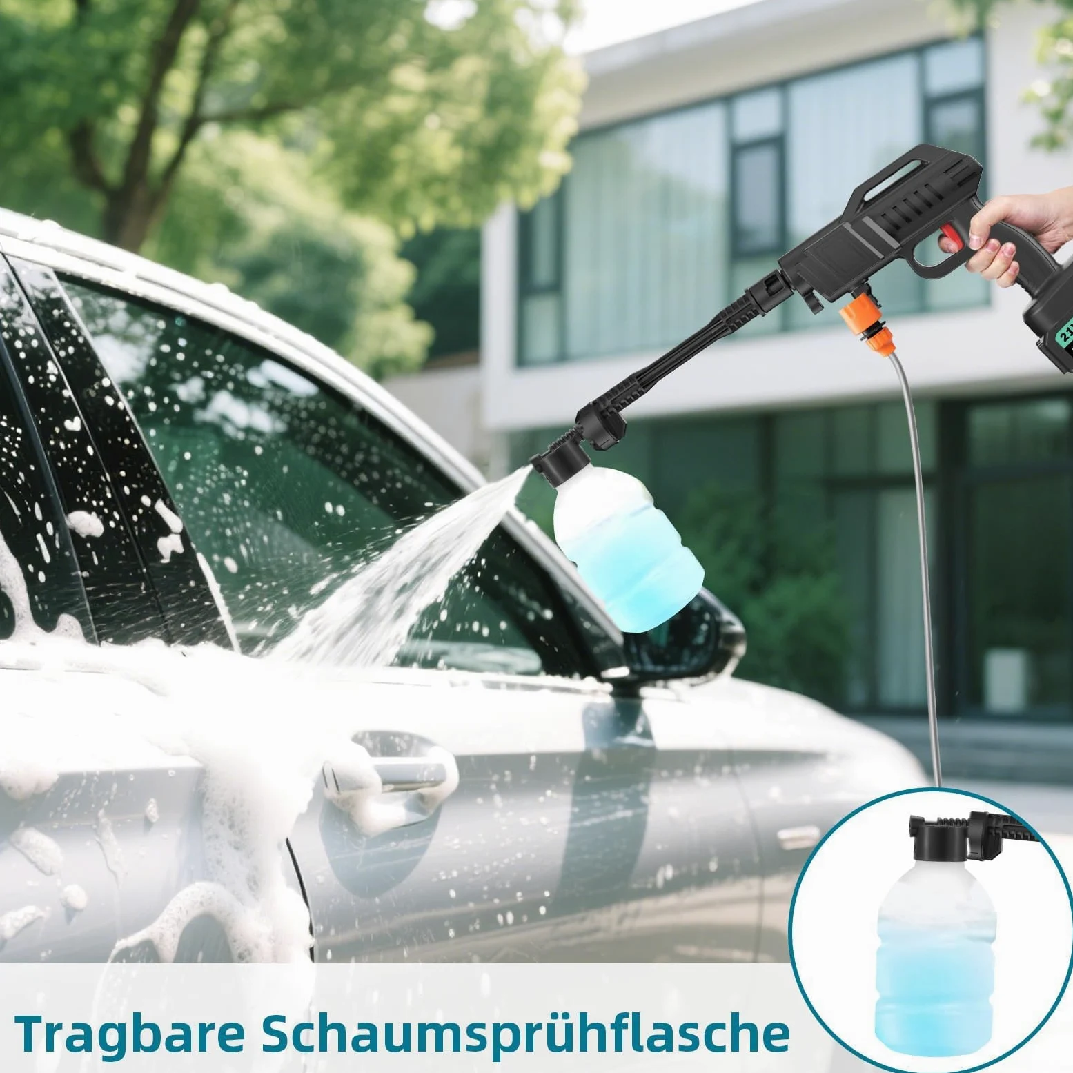 papasbox Nettoyeur Haute Pression sans Fil 100 Bar 270 l/h avec 2X Batteries de 3000 mAh pour Voiture Terrasse | Pistolet de Lavage Mobile Portable 6 en 1 Buse Tuyau de 5m