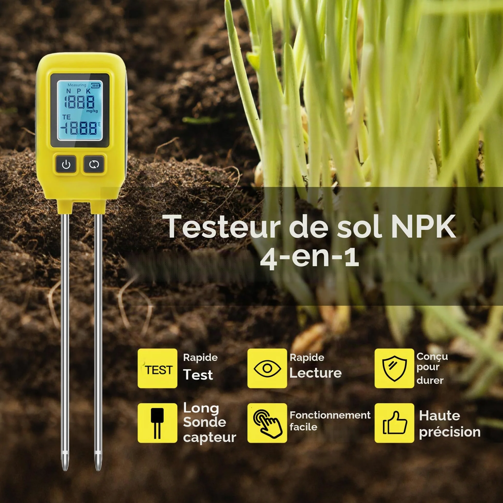 Mcbazel Professional Soil Meter, Instrument de Mesure du Sol 4 en 1,Détecteur d'Éléments Traces P/N/K, Détection de la Santé des Plantes Vertes pour Le Nitrogène/Phosphore/Potassium/Température