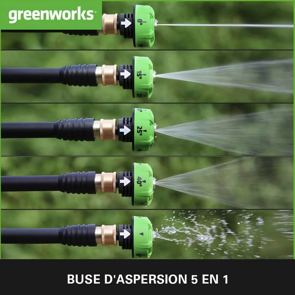Greenworks Pistolet nettoyeur à pression sur batterie G24PWK4 (Li-Ion 24V, puissance moteur 300 Watt, pression 24 bar, débit 180 l/h, buse à 5 positions, tuyau de 6m,avec 4Ah batterie et chargeur)