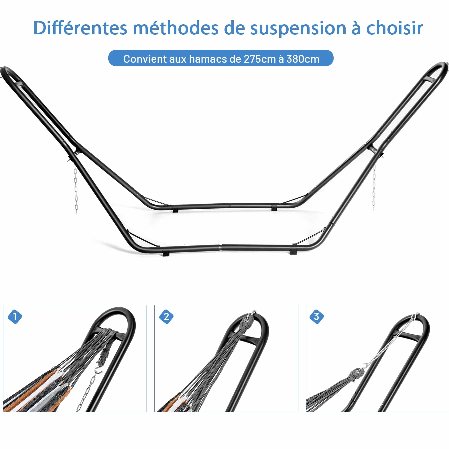 Costway Support de Hamac Double en Métal 200 kg H280x95x115 cm Ajustable Noir pour 2 Personnes