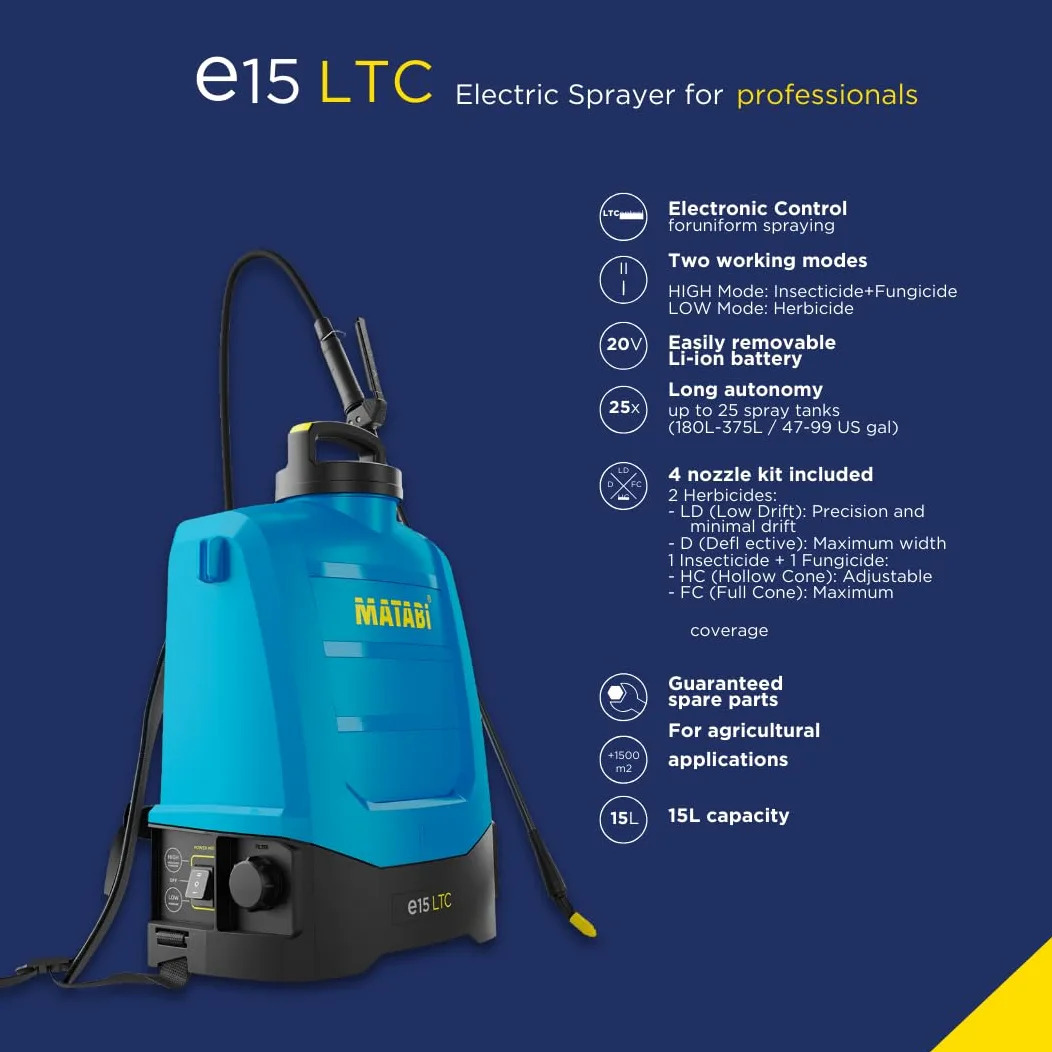 Matabi E15 LTC Pulvérisateur Electrique Batterie Li-ION Amovible 20V Autonomie Jusqu'à 375L Contrôle Électronique LTC Sangles Ergonomiques Inclus 4 Buses Agriculture Jardinage